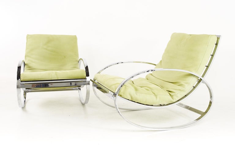 Mid-Century Modern Renato Zevi for Selig Mid Century Chrome Elliptical Rocking Chairs, A Pair For Sale
