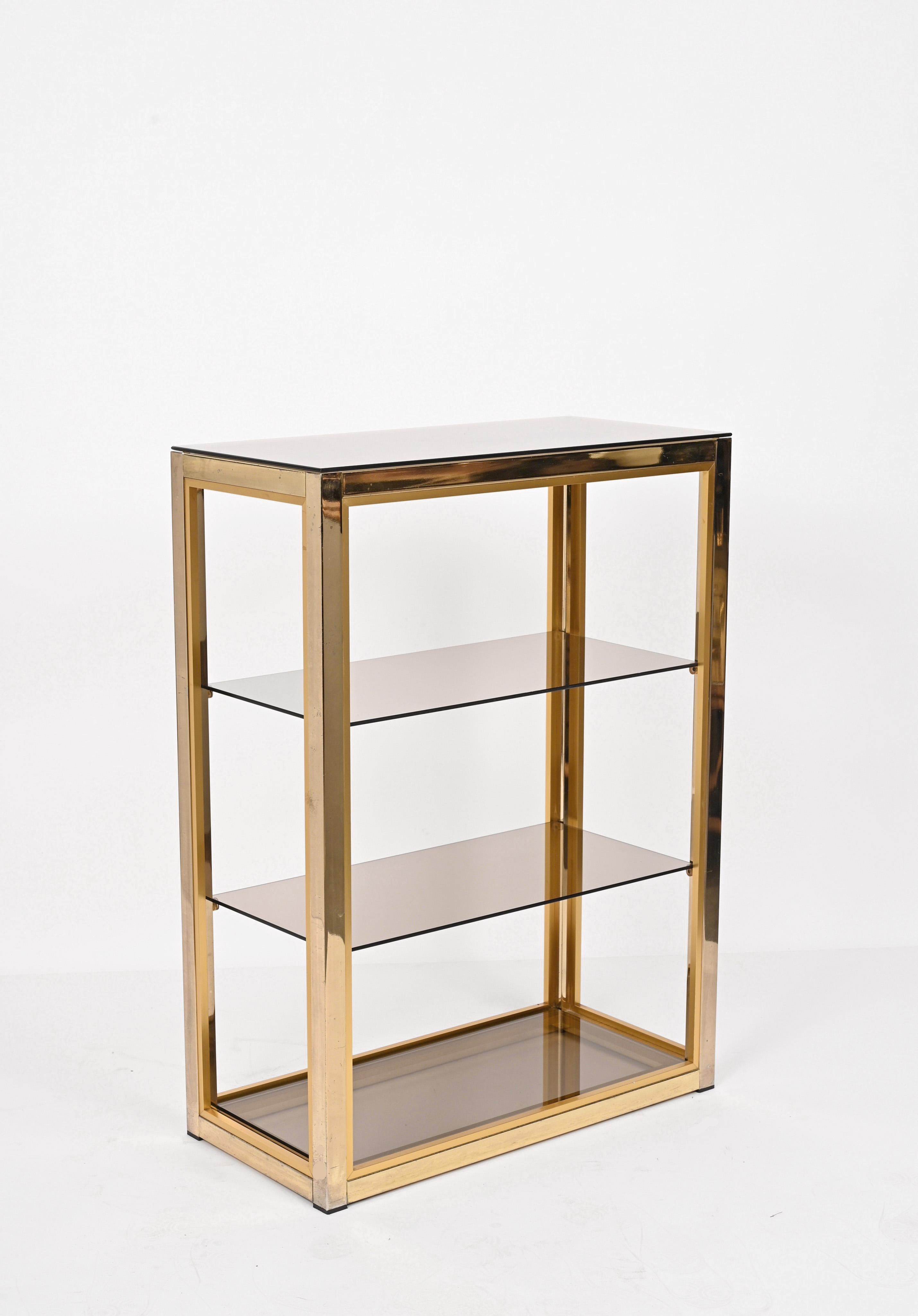Renato Zevi Gilded Brass Italian Bookcase with Glass Shelves, Romeo Rega 1970s For Sale 3