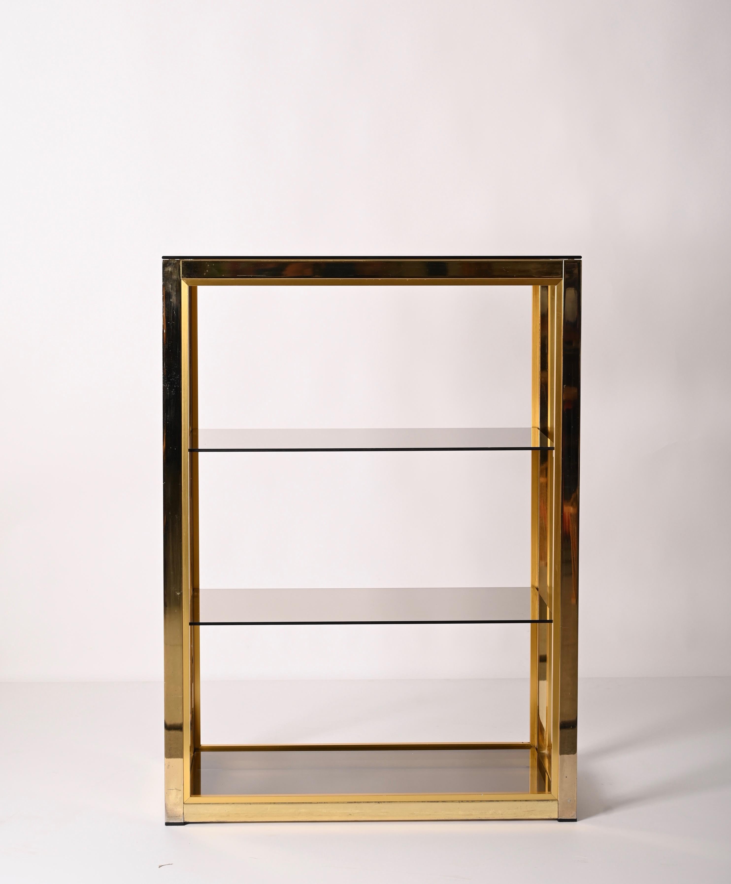 Renato Zevi Gilded Brass Italian Bookcase with Glass Shelves, Romeo Rega 1970s For Sale 4