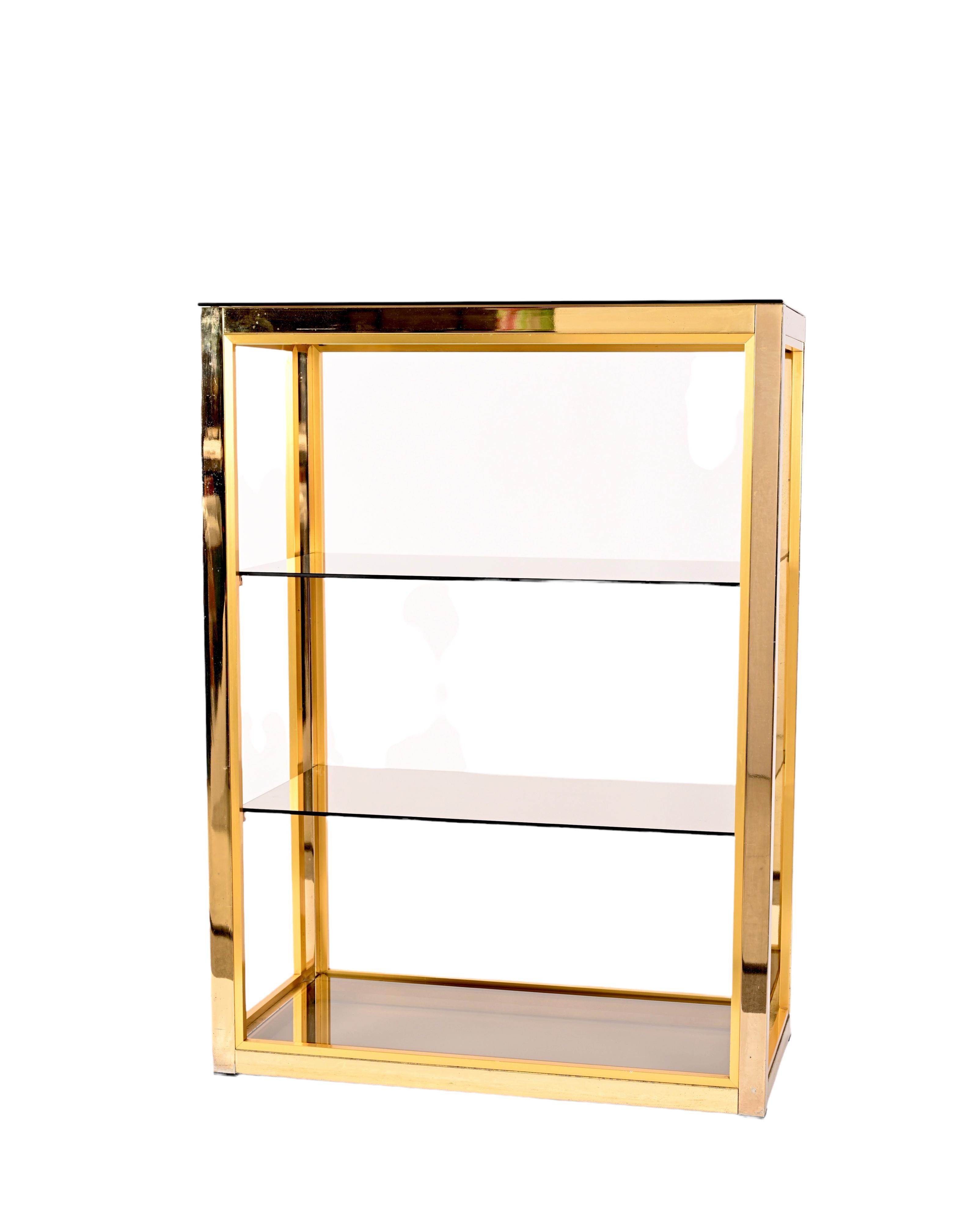 Renato Zevi Gilded Brass Italian Bookcase with Glass Shelves, Romeo Rega 1970s For Sale 5