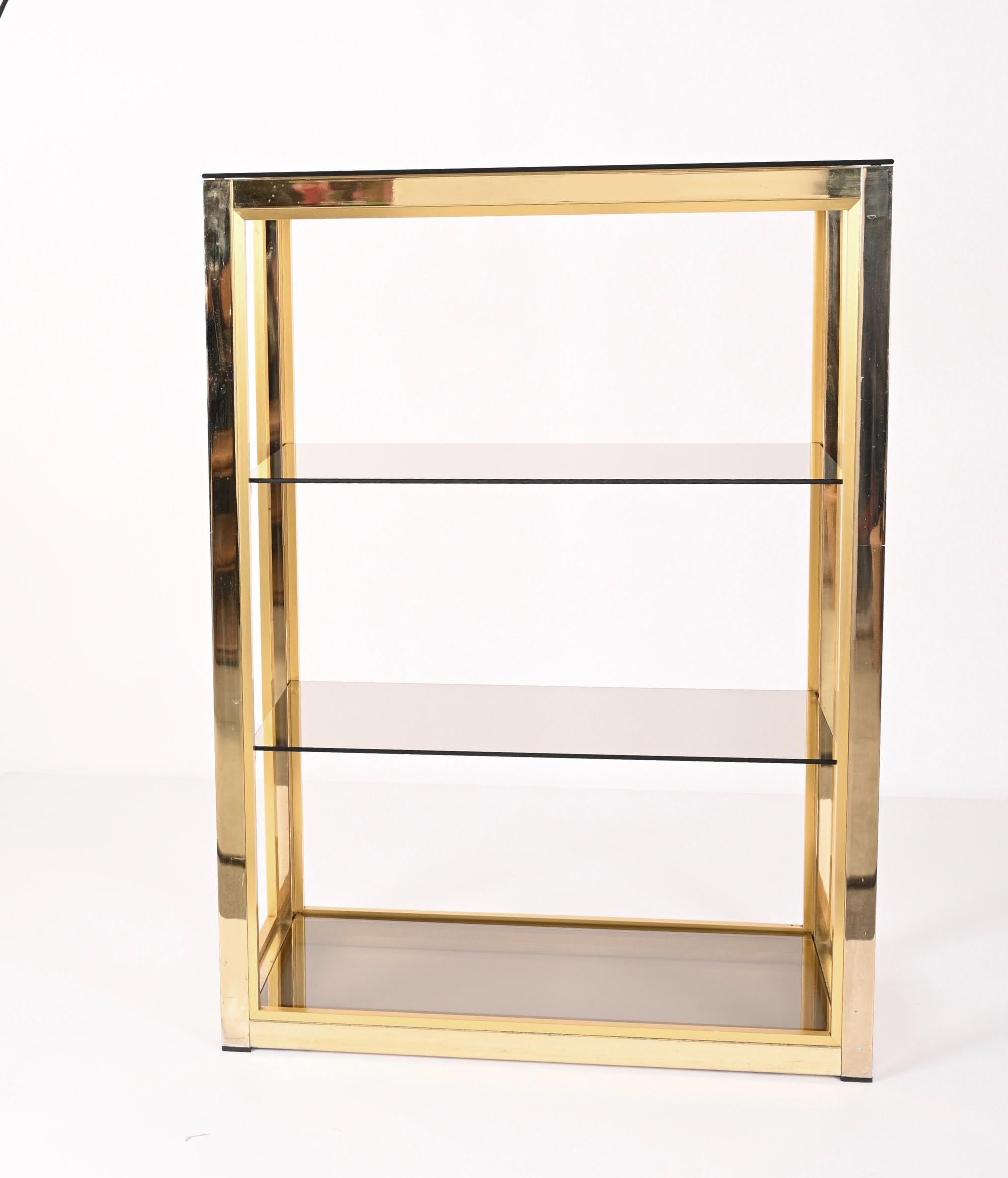 Renato Zevi Gilded Brass Italian Bookcase with Glass Shelves, Romeo Rega 1970s For Sale 6