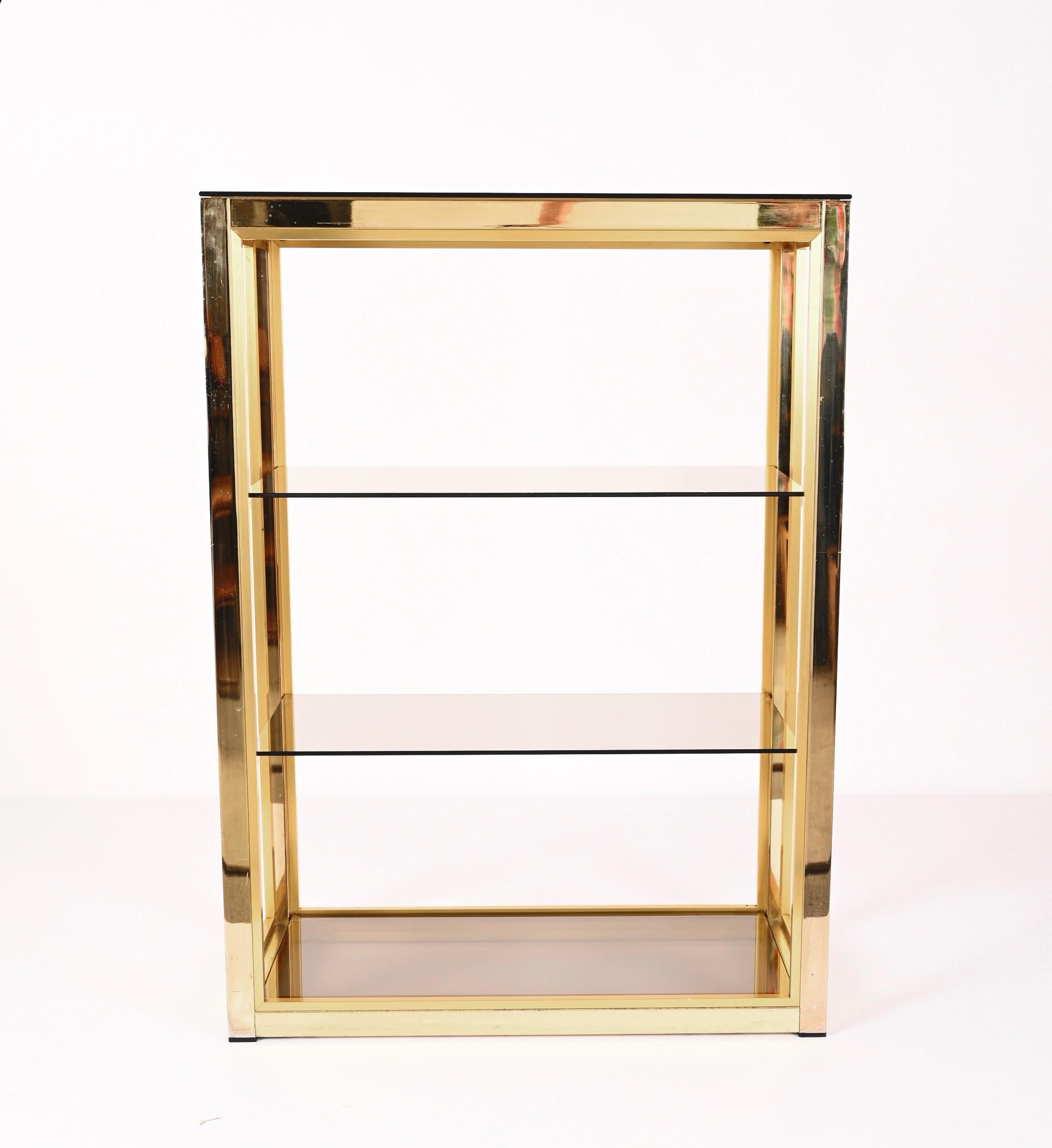 Renato Zevi Gilded Brass Italian Bookcase with Glass Shelves, Romeo Rega 1970s For Sale 7