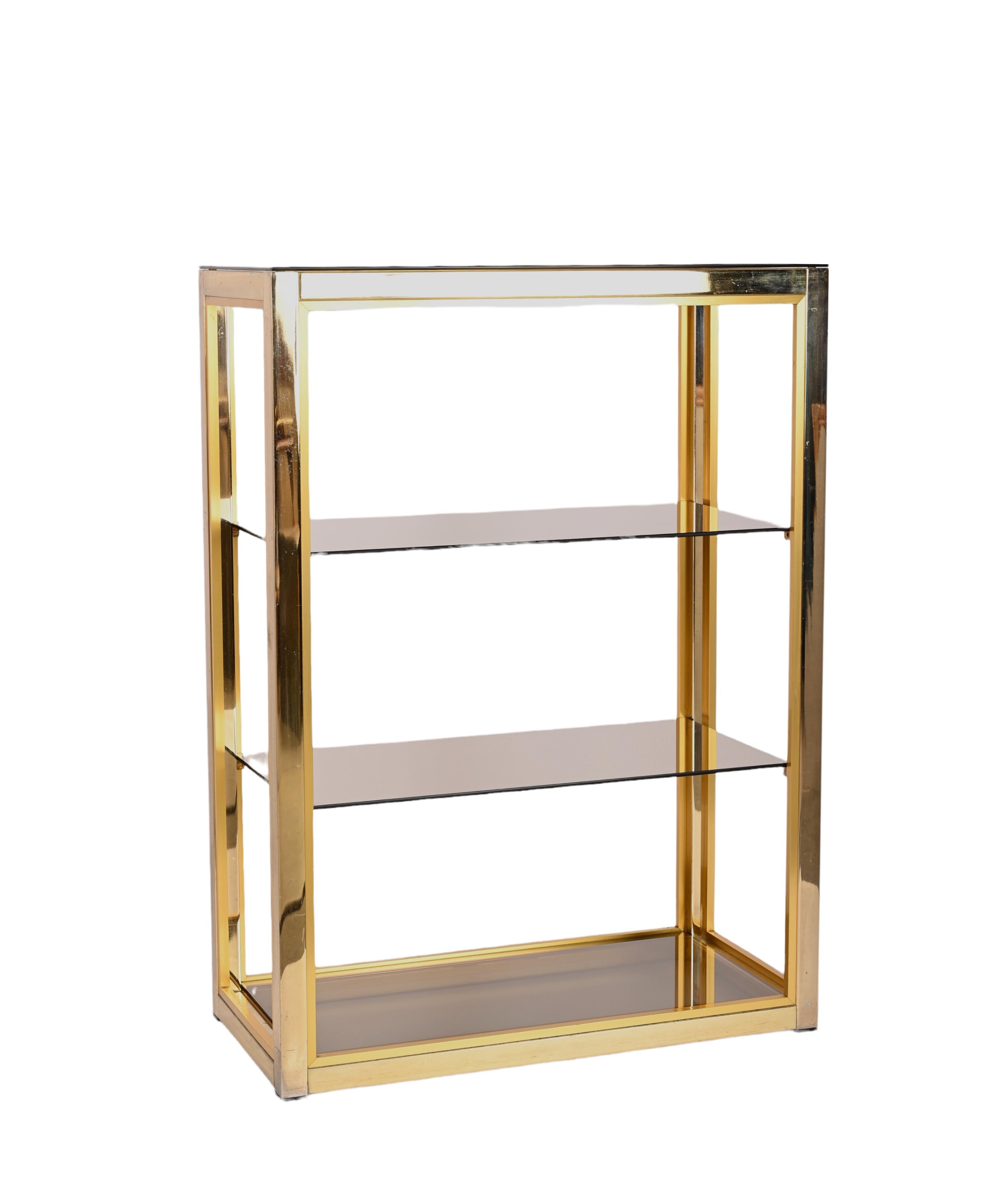 Renato Zevi Gilded Brass Italian Bookcase with Glass Shelves, Romeo Rega 1970s For Sale 8