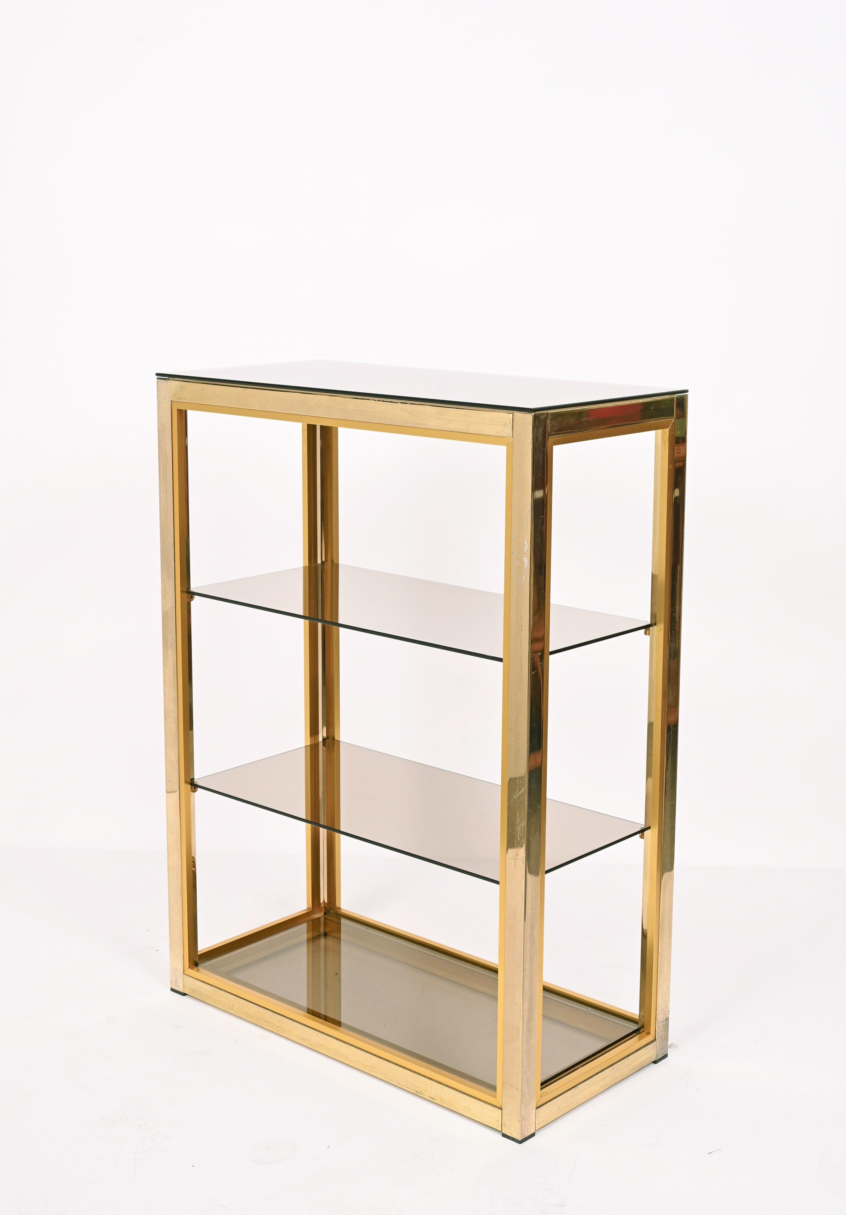 Renato Zevi Gilded Brass Italian Bookcase with Glass Shelves, Romeo Rega 1970s For Sale 9