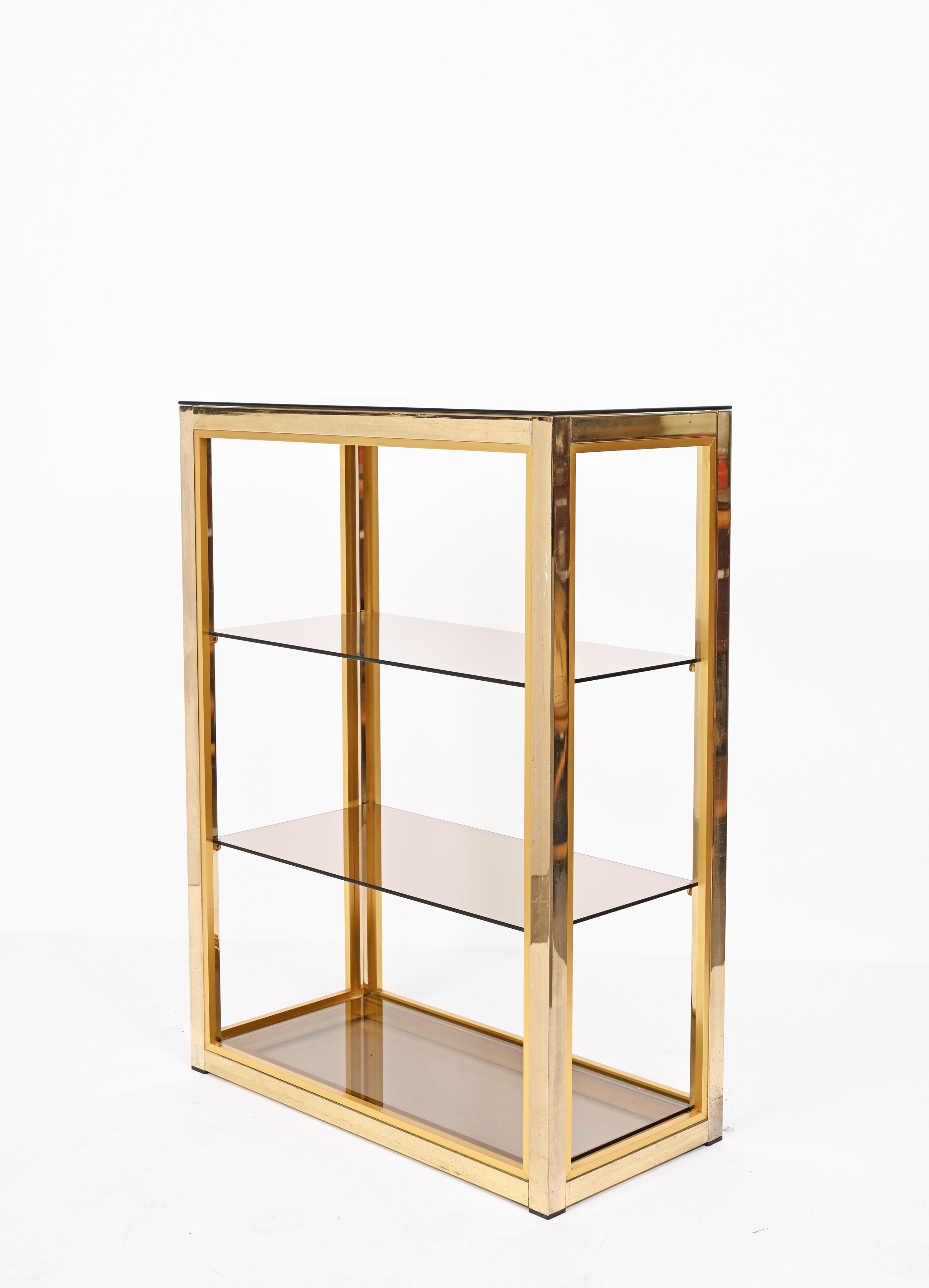 Renato Zevi Gilded Brass Italian Bookcase with Glass Shelves, Romeo Rega 1970s For Sale 10
