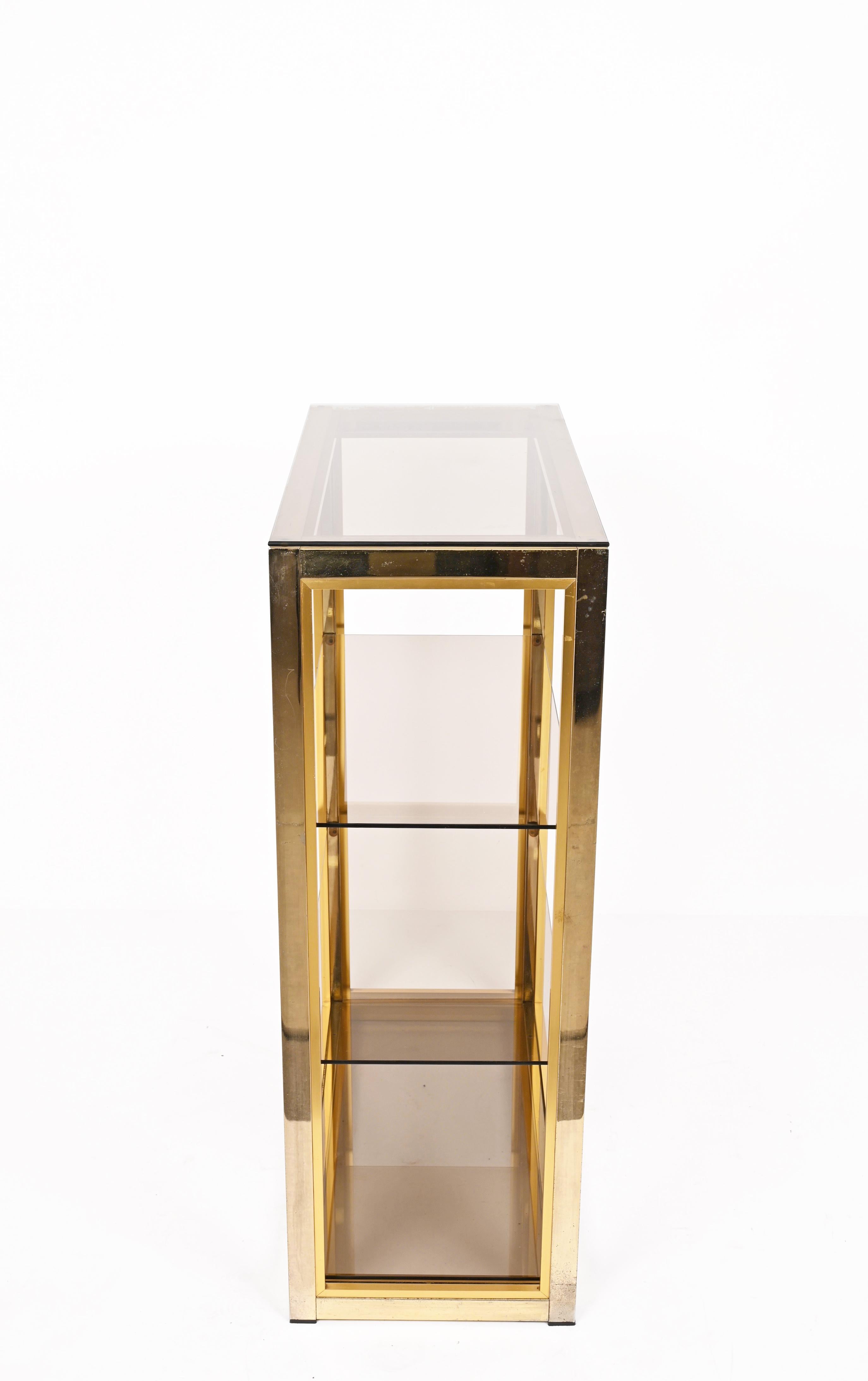 Renato Zevi Gilded Brass Italian Bookcase with Glass Shelves, Romeo Rega 1970s For Sale 11