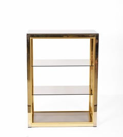 Renato Zevi Gilded Brass Italian Bookcase with Glass Shelves, Romeo Rega 1970s