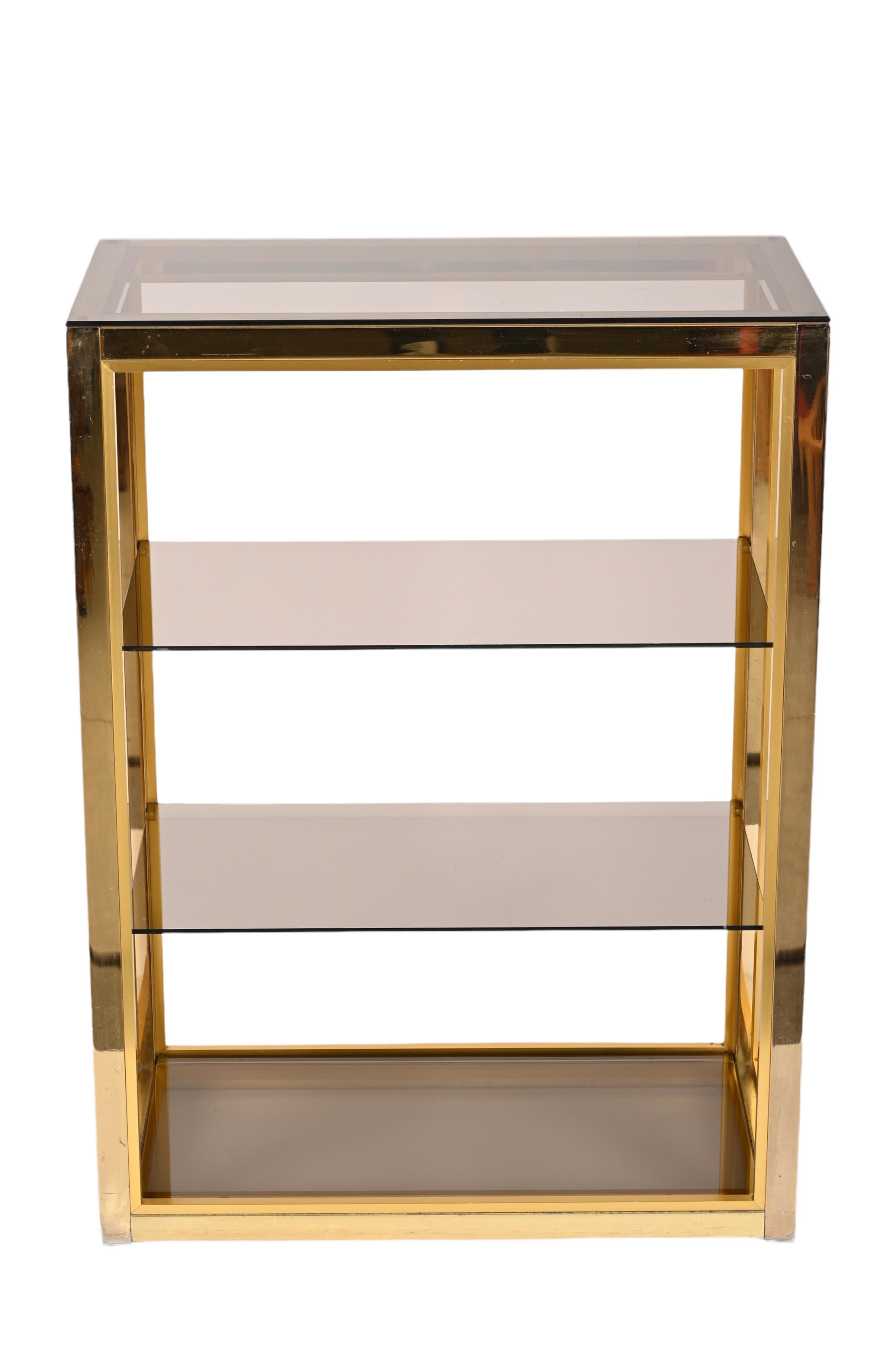 Metal Renato Zevi Gilded Brass Italian Bookcase with Glass Shelves, Romeo Rega 1970s For Sale