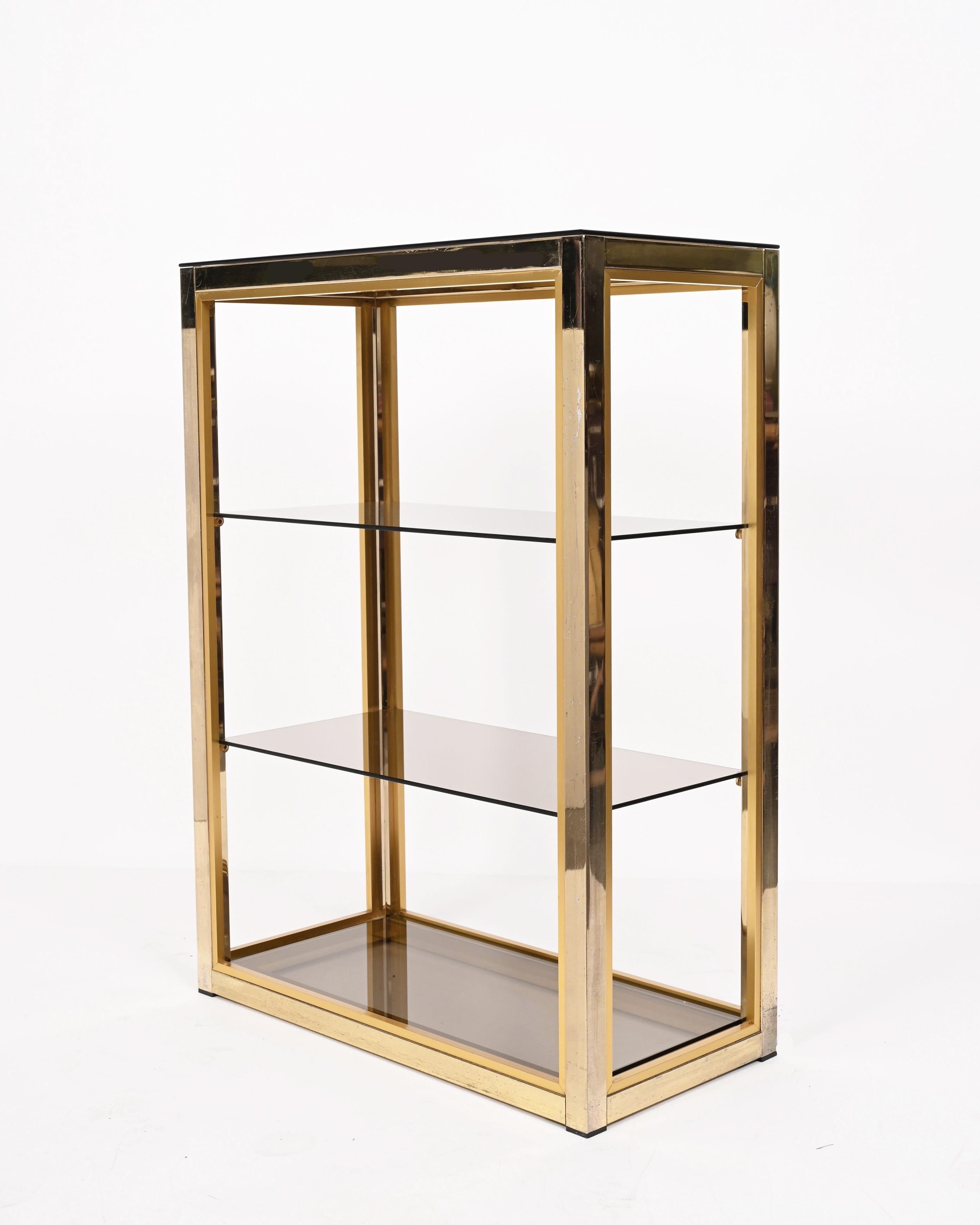 Renato Zevi Gilded Brass Italian Bookcase with Glass Shelves, Romeo Rega 1970s For Sale 1