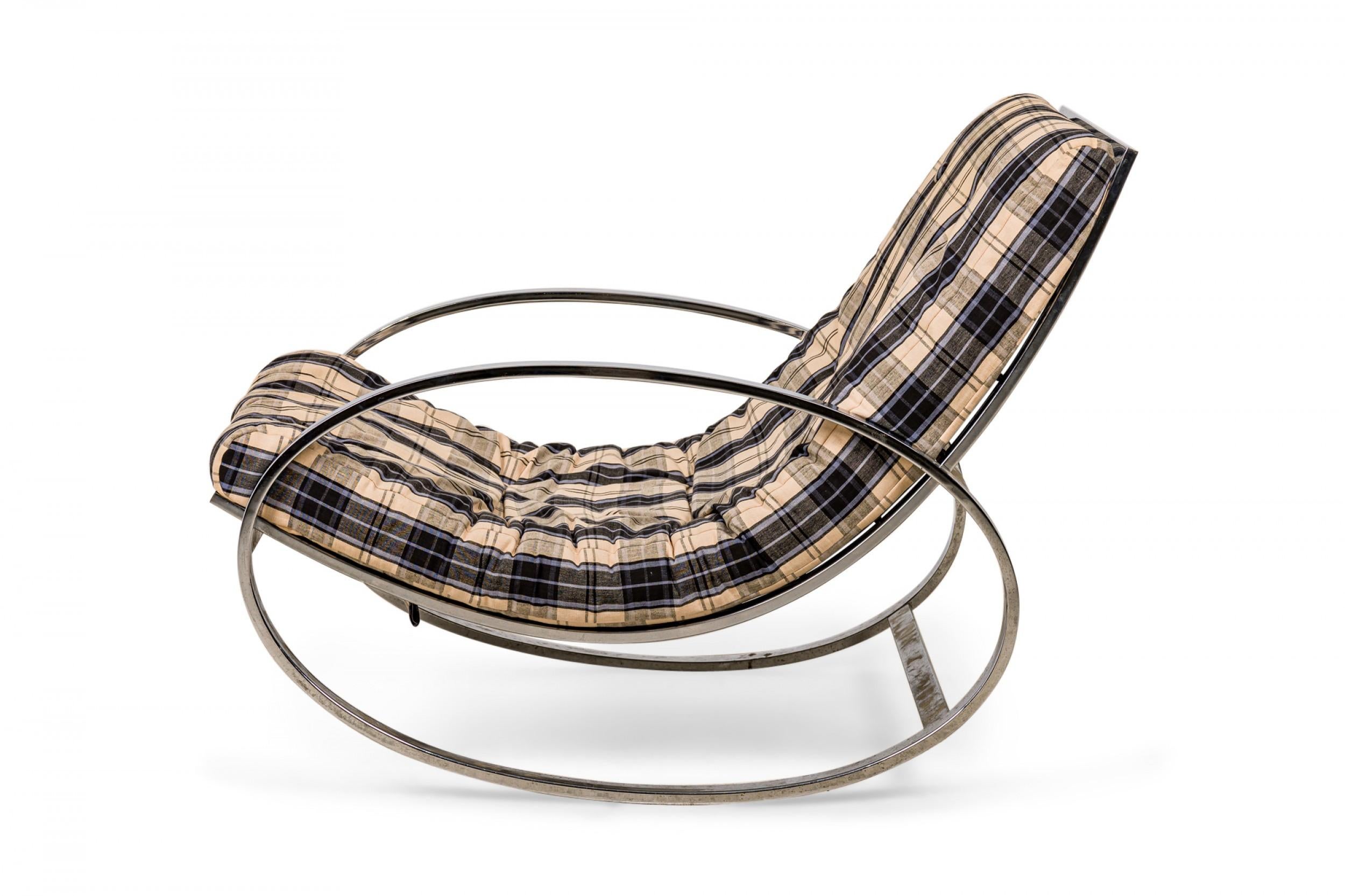 Mid-Century Modern Renato Zevi Italian Mid-Century Ellipse Chrome and Plaid Fabric Upholstered Rock For Sale