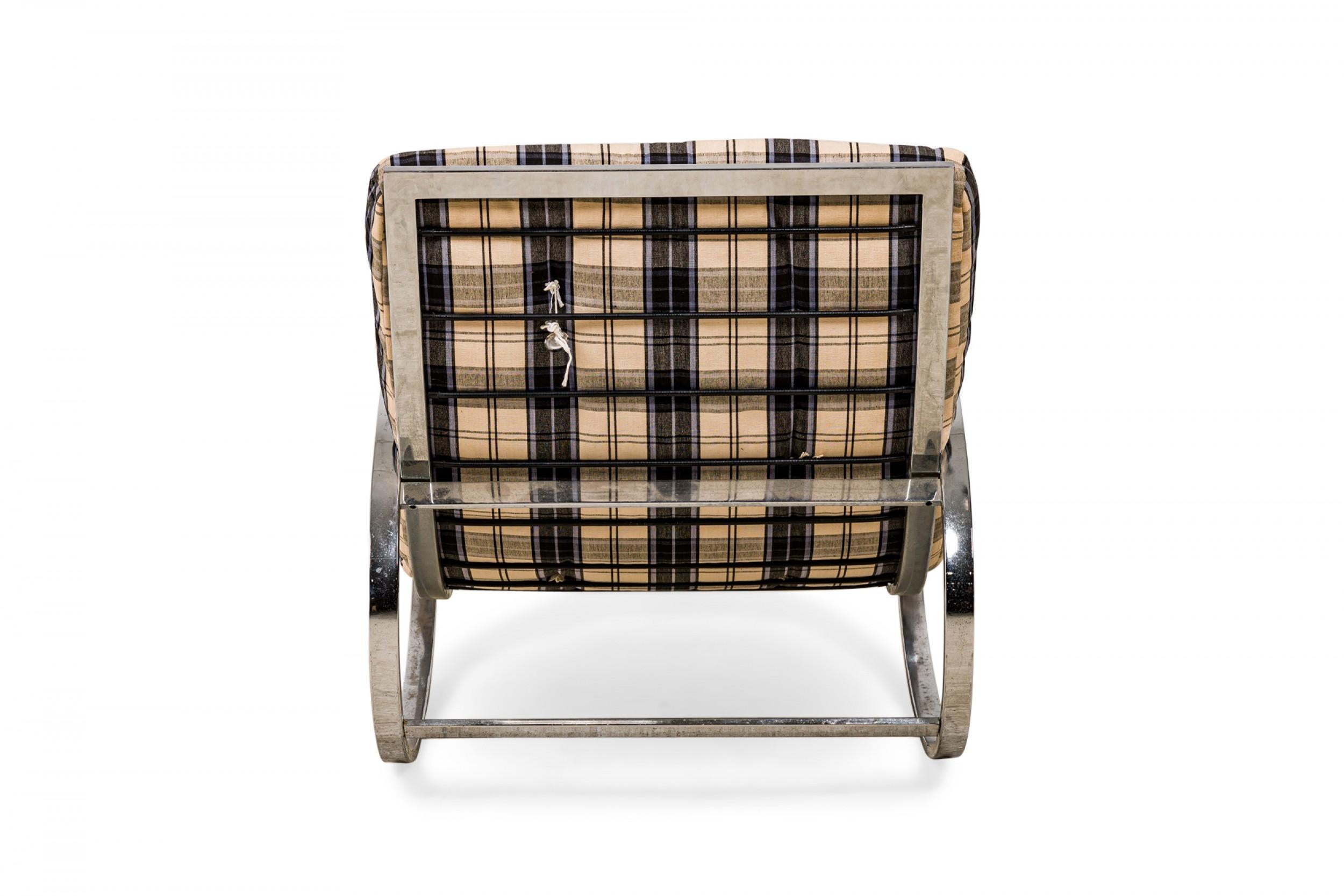 20th Century Renato Zevi Italian Mid-Century Ellipse Chrome and Plaid Fabric Upholstered Rock For Sale