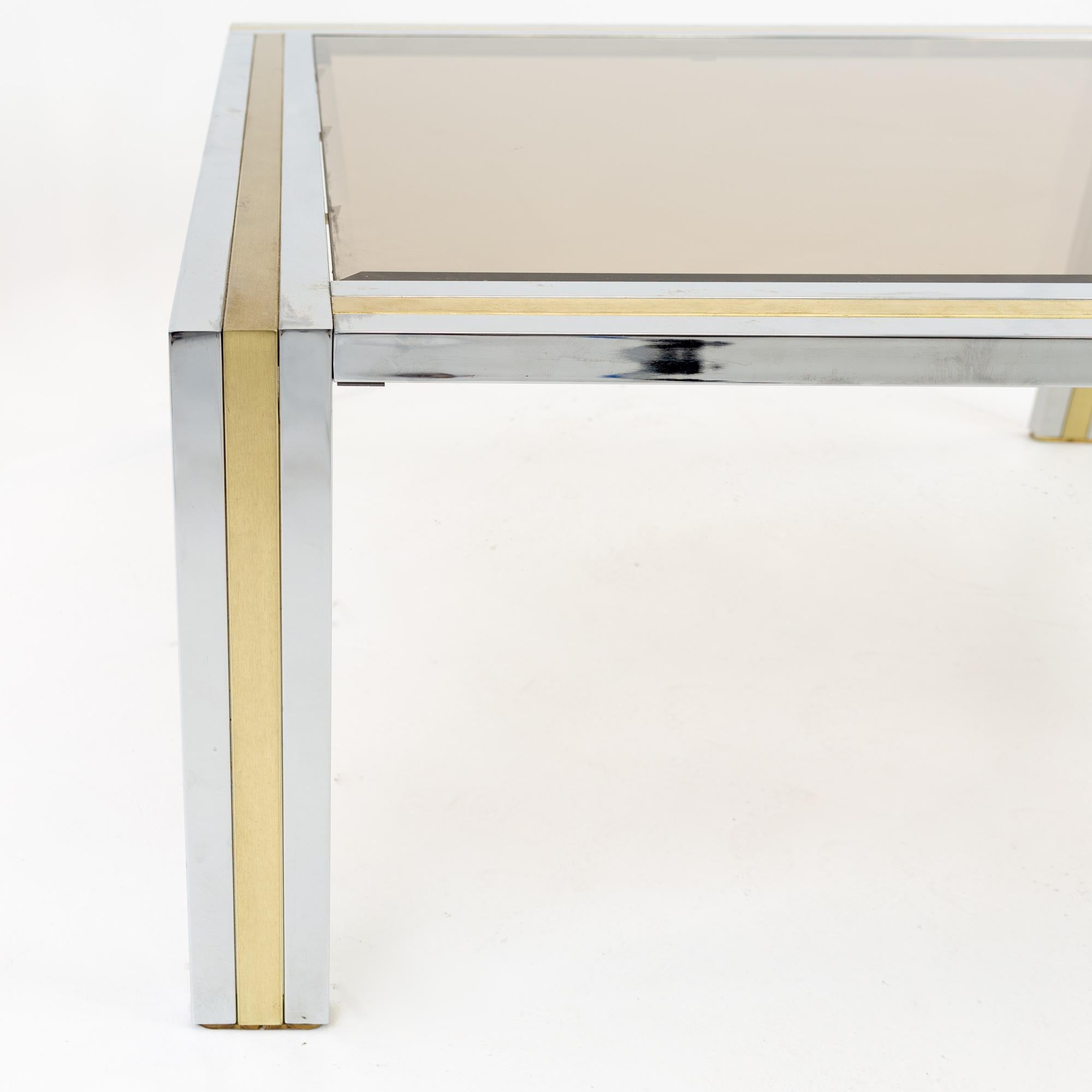 Late 20th Century Renato Zevi Italian Mid Century Chrome Brass and Glass Square Coffee Table For Sale