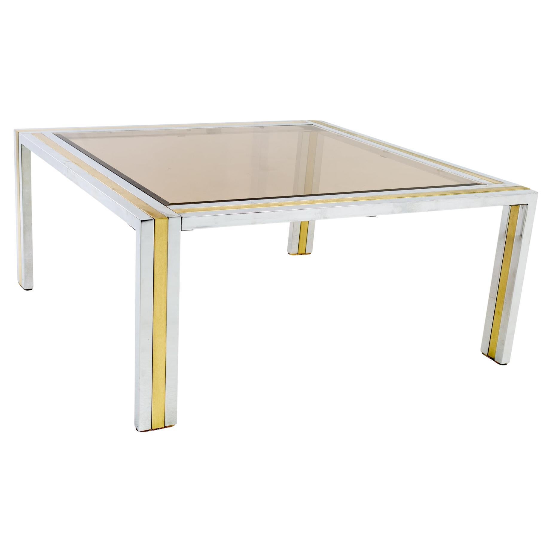 Renato Zevi Mid Century Italian Chrome Brass and Glass Square Coffee Table. For Sale