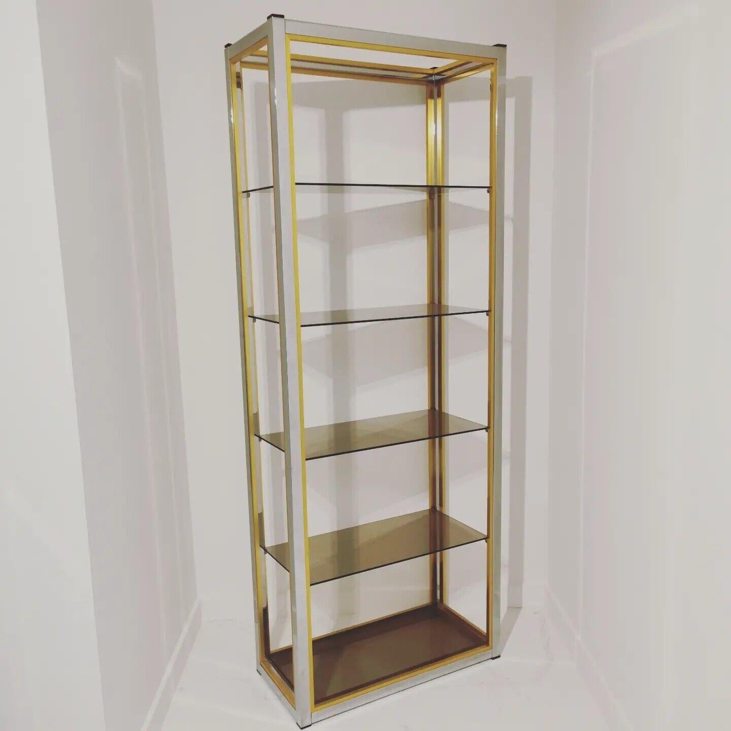 Renato Zevi Pair of Brass, Chrome & Smoking Glass Shelves, Italy ca. 1970's In Good Condition For Sale In Geneva, CH