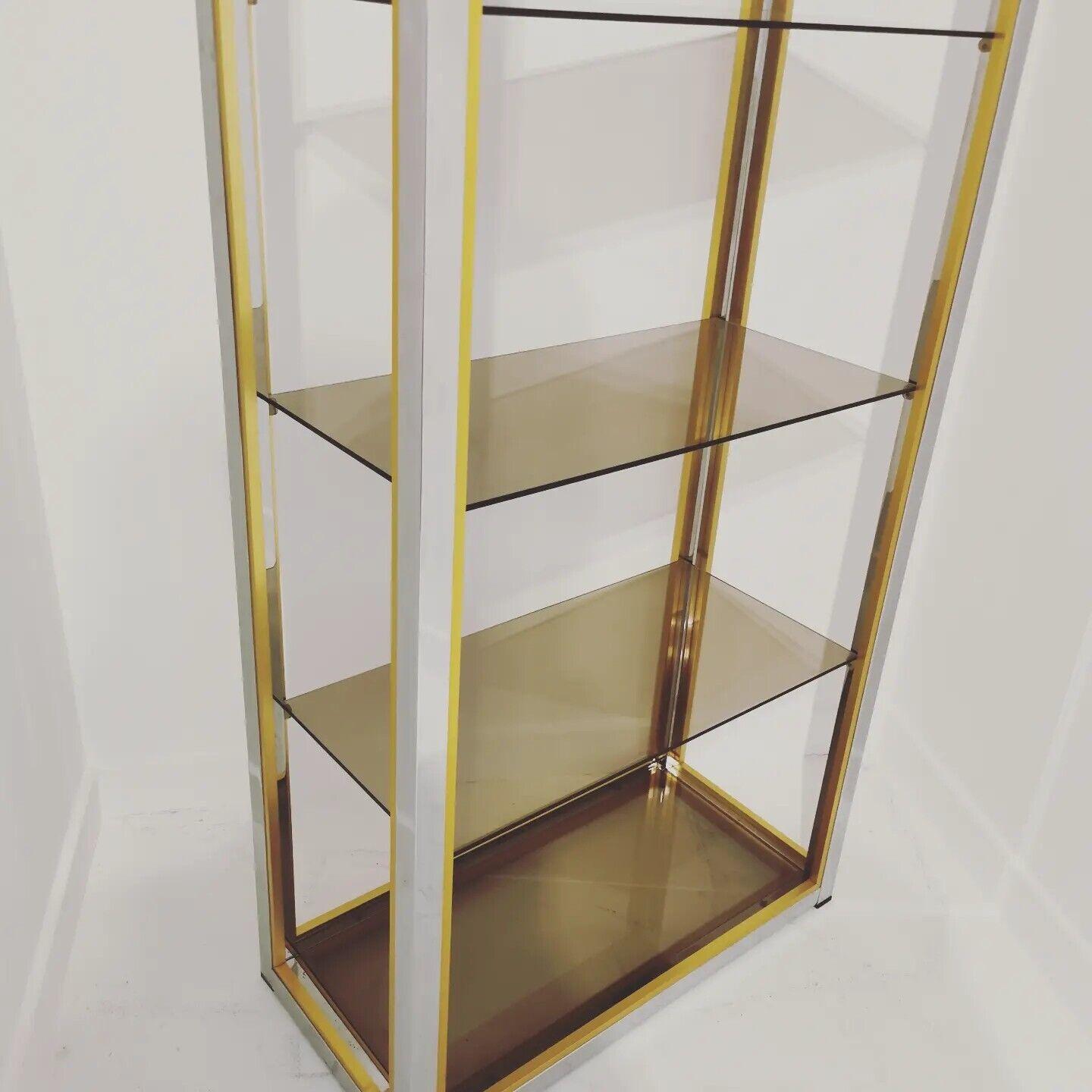 Late 20th Century Renato Zevi Pair of Brass, Chrome & Smoking Glass Shelves, Italy ca. 1970's For Sale