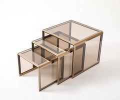 Renato Zevi Set of Brass and Smoked Glass Nesting Tables, Italy, circa 1970