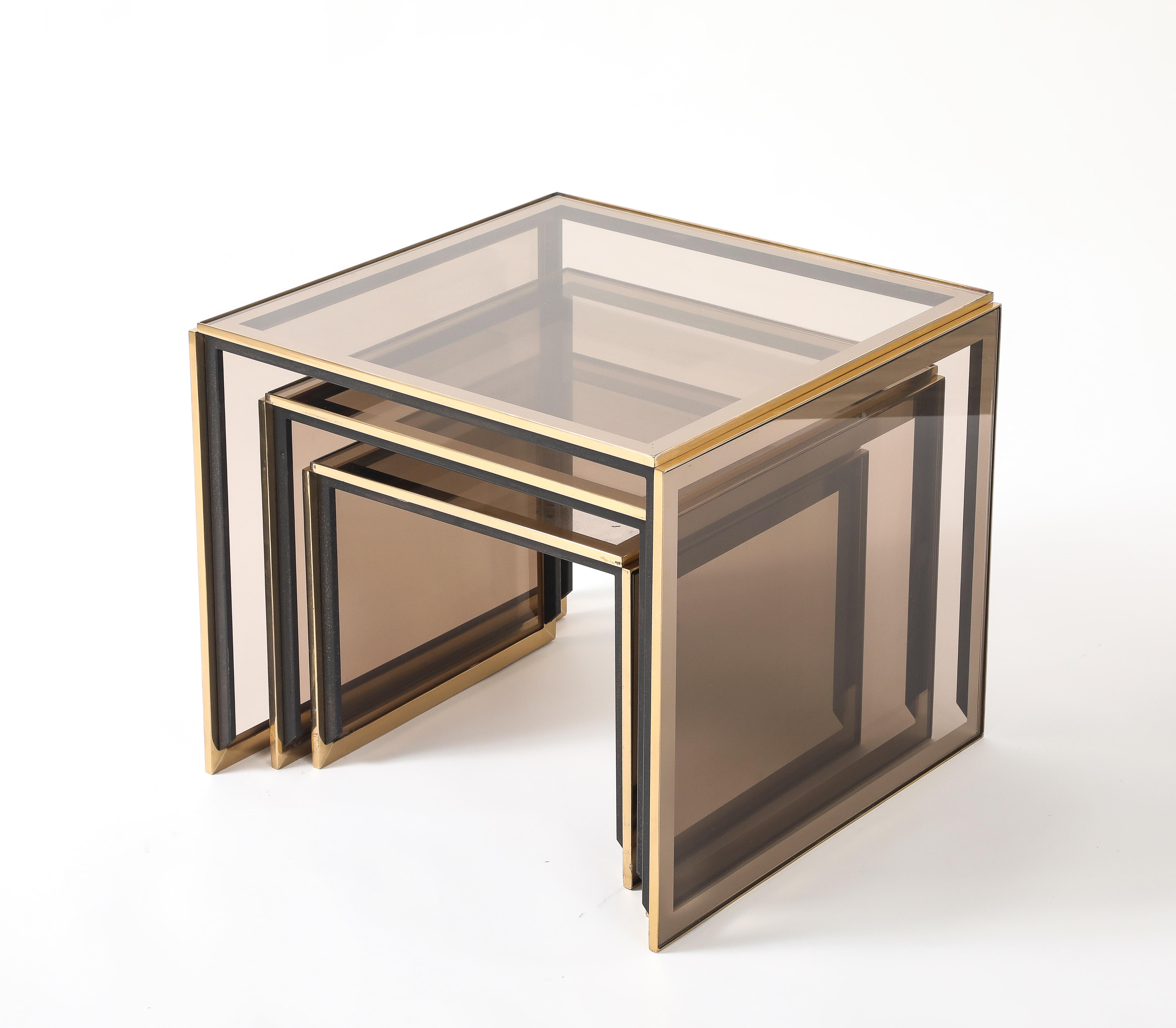 Late 20th Century Renato Zevi Set of Brass and Smoked Glass Nesting Tables, Italy, circa 1970 For Sale