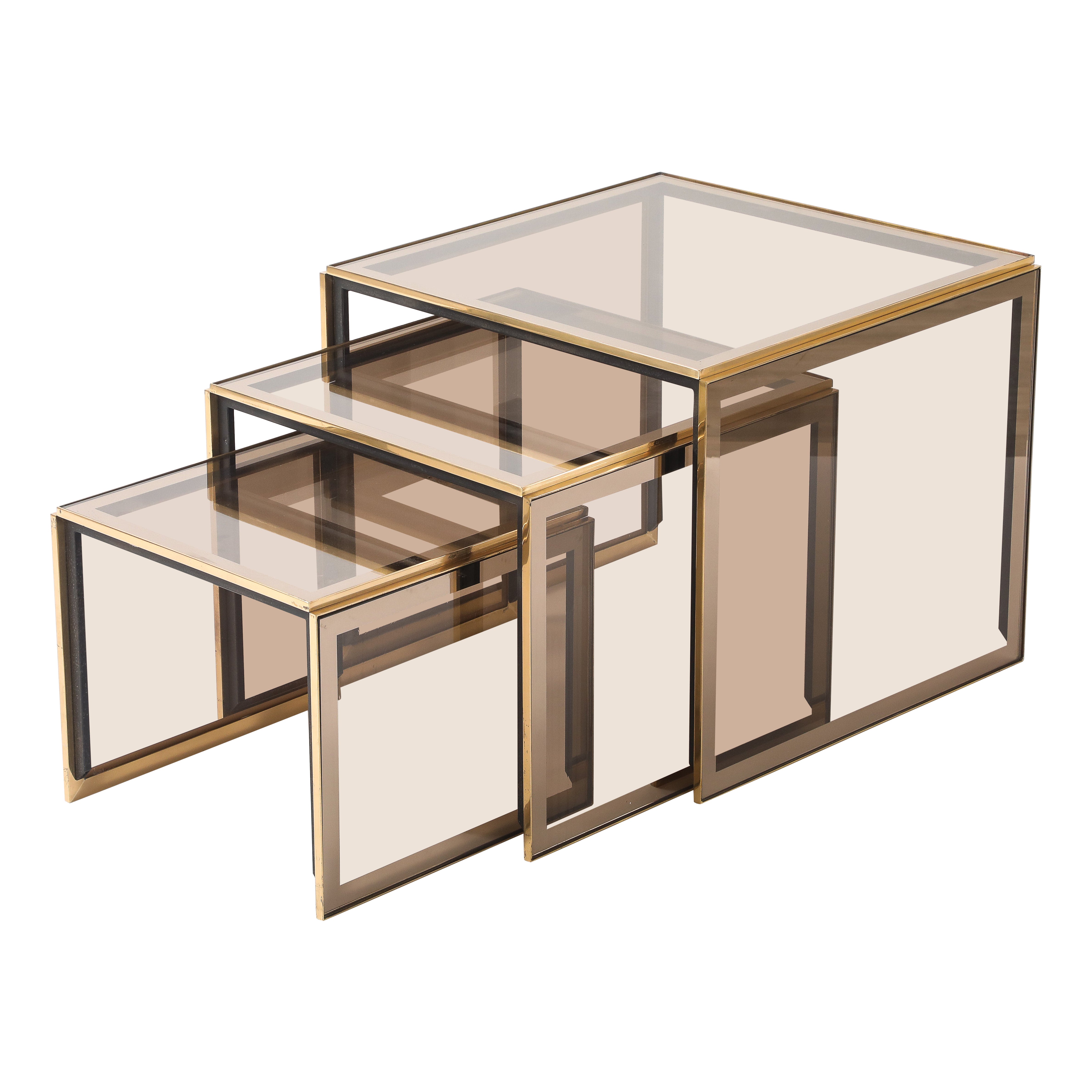 Renato Zevi Set of Brass and Smoked Glass Nesting Tables, Italy, circa 1970 For Sale