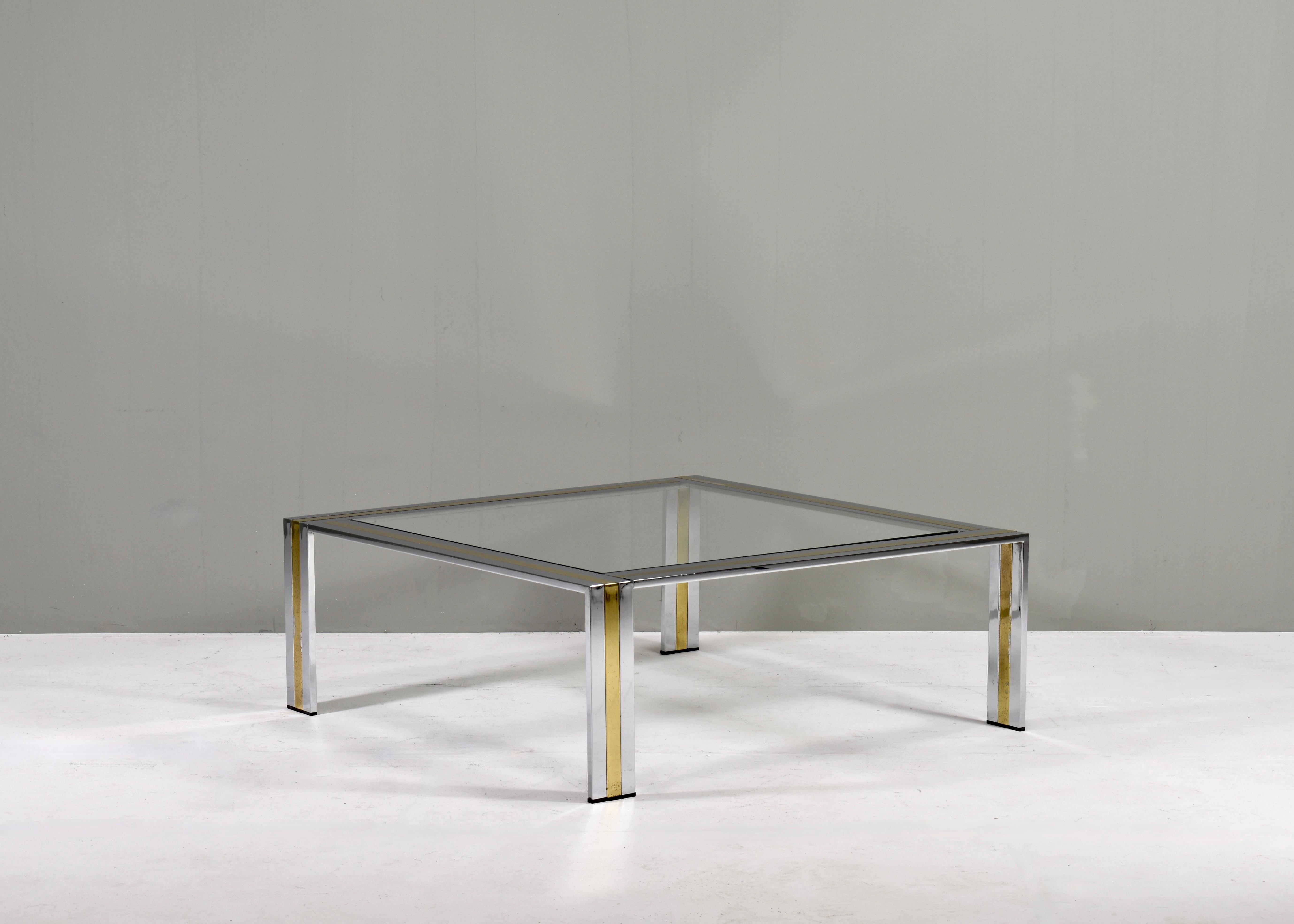 Hollywood Regency Renato Zevi Square Coffee Table in Brass Chrome and Glass, Italy, circa 1970 For Sale