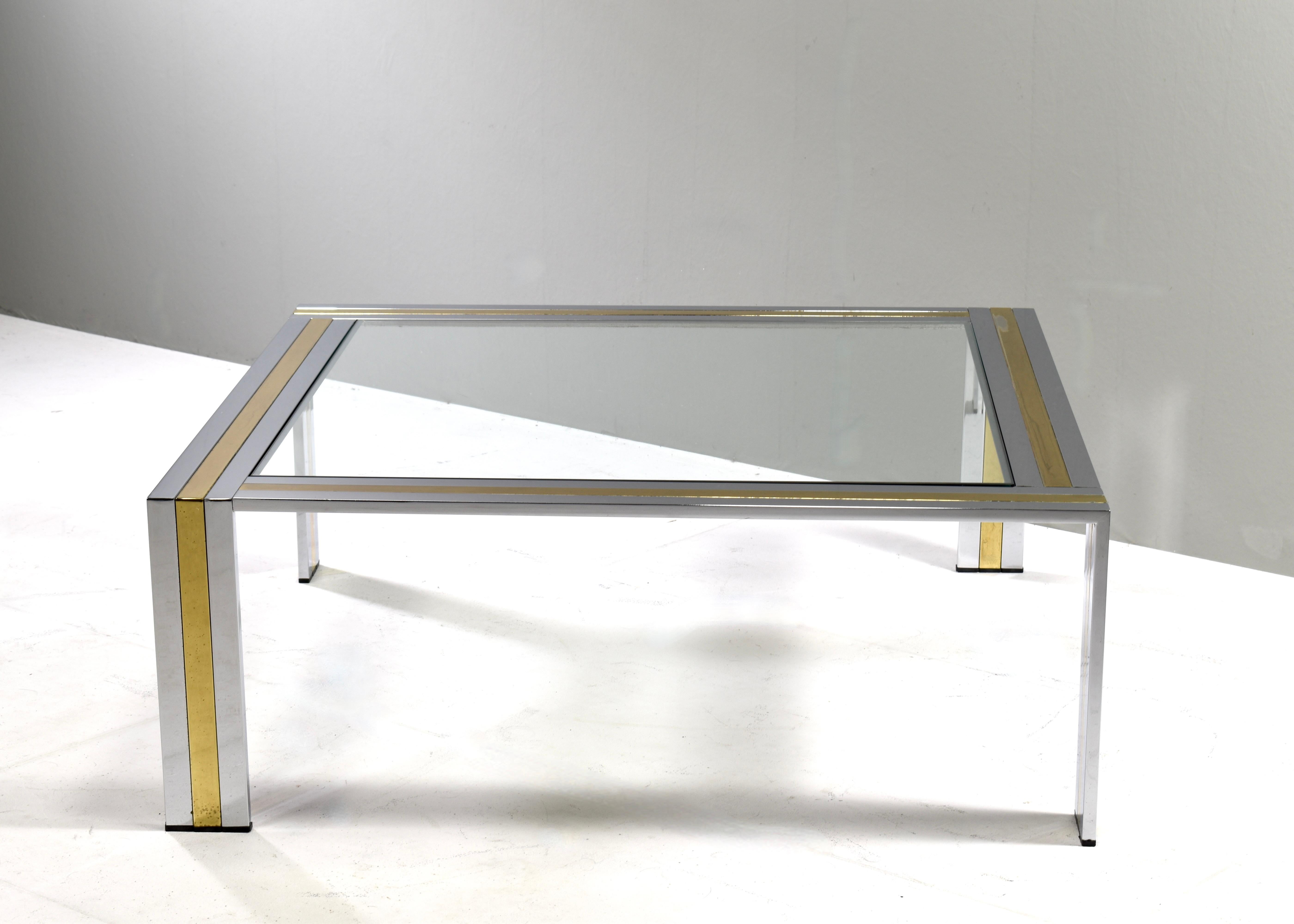 Renato Zevi Square Coffee Table in Brass Chrome and Glass, Italy, circa 1970 In Good Condition For Sale In Pijnacker, Zuid-Holland