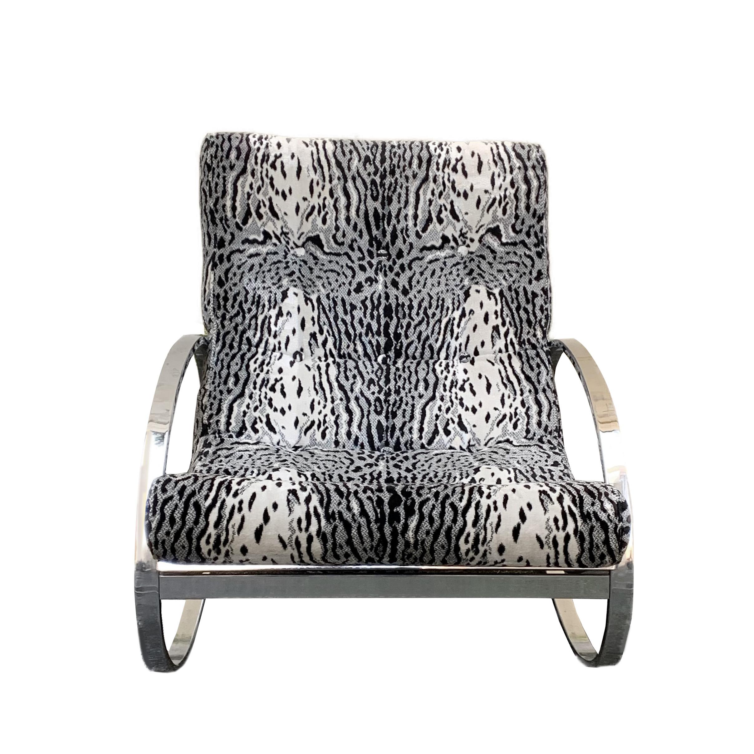 Mid-Century Modern Renato Zevi White Tiger Pattern Fabric Chrome Rocking Chair for Selig Ellipse