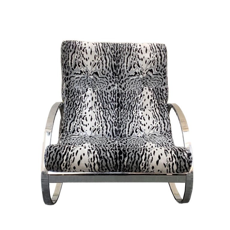 Mid-Century Modern Renato Zevi White Tiger Pattern Fabric Chrome Rocking Chair for Selig Ellipse For Sale