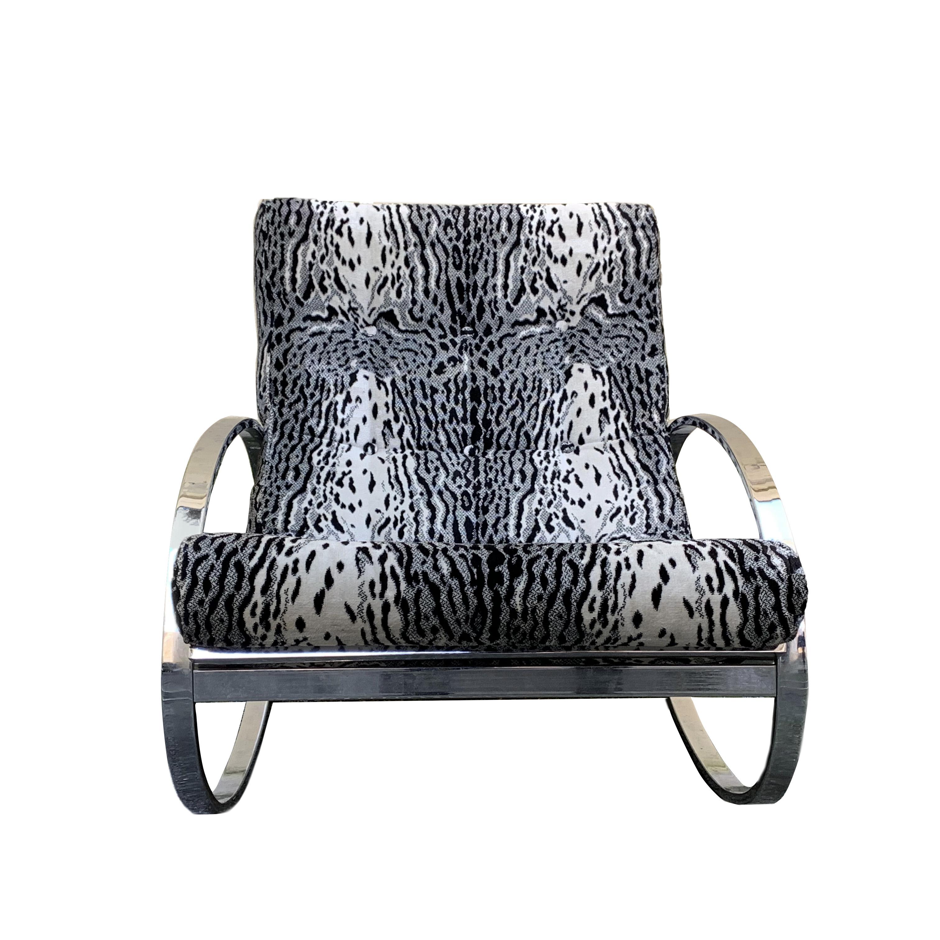 Italian Renato Zevi White Tiger Pattern Fabric Chrome Rocking Chair for Selig Ellipse