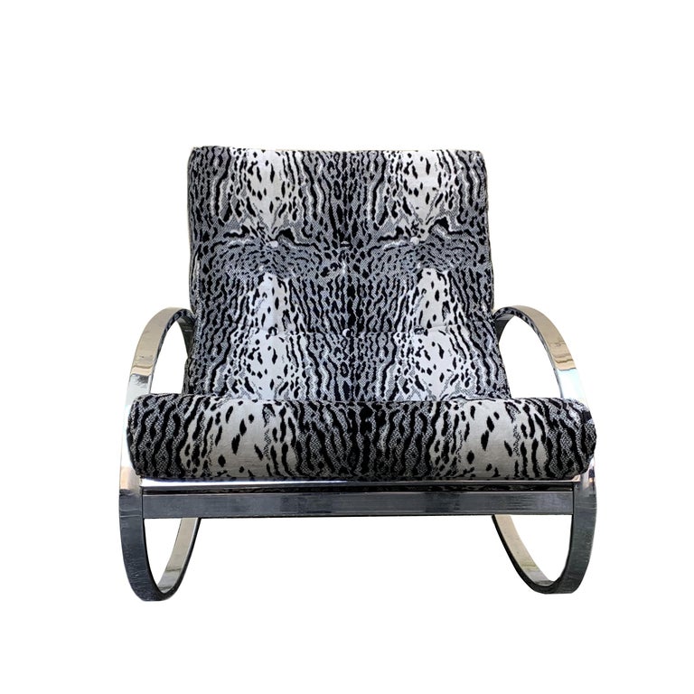 Italian Renato Zevi White Tiger Pattern Fabric Chrome Rocking Chair for Selig Ellipse For Sale