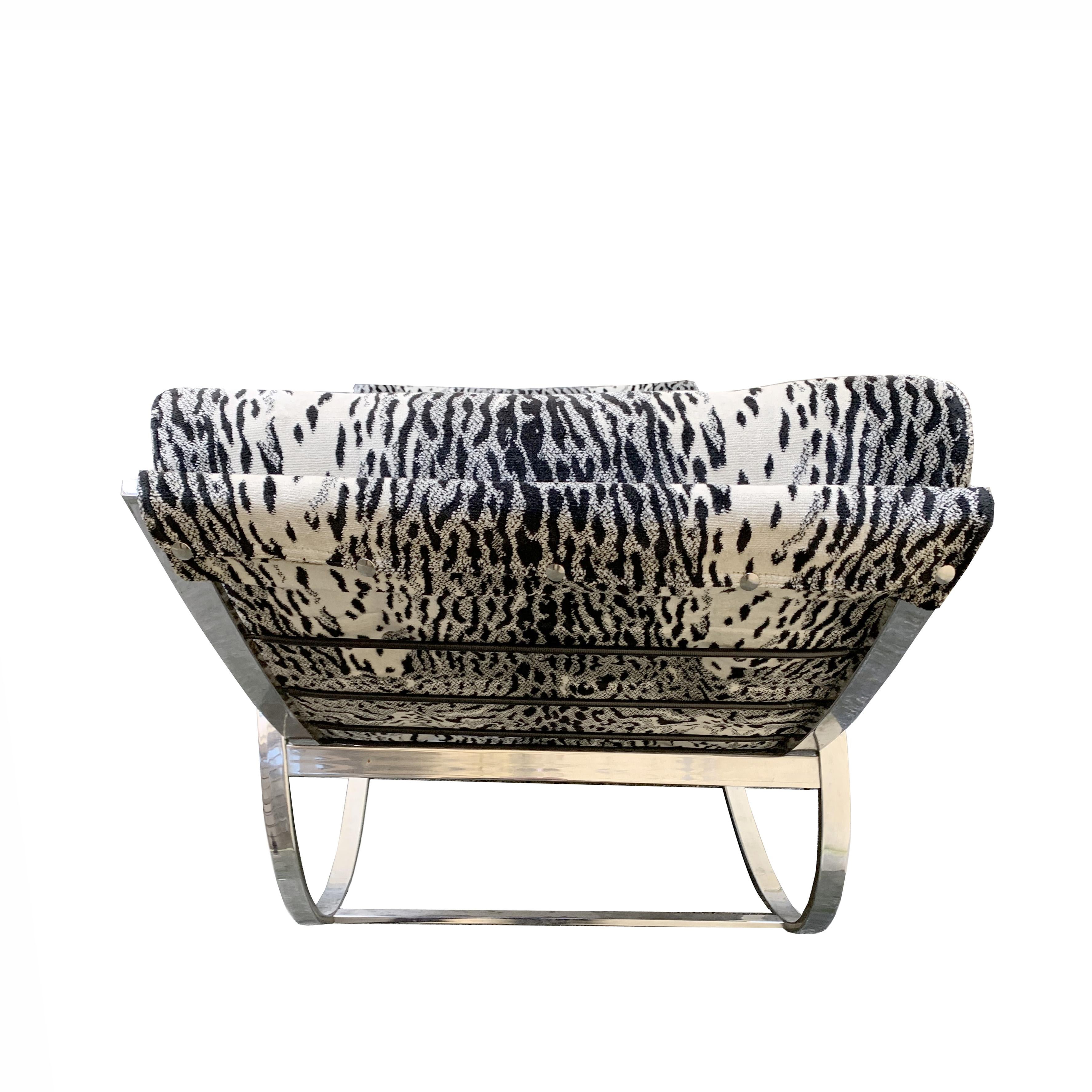 Cut Steel Renato Zevi White Tiger Pattern Fabric Chrome Rocking Chair for Selig Ellipse