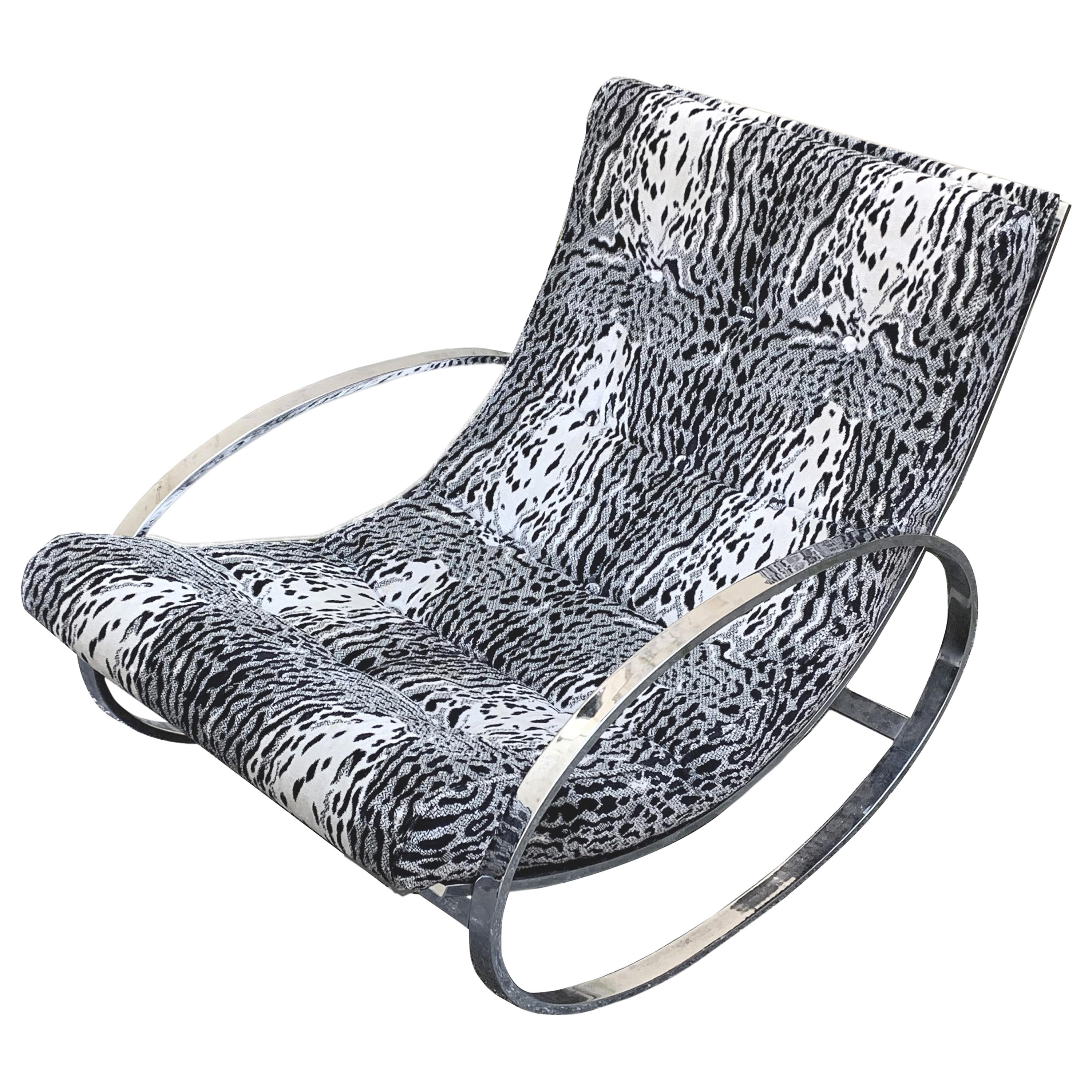 Renato Zevi White Tiger Pattern Fabric Chrome Rocking Chair for Selig Ellipse