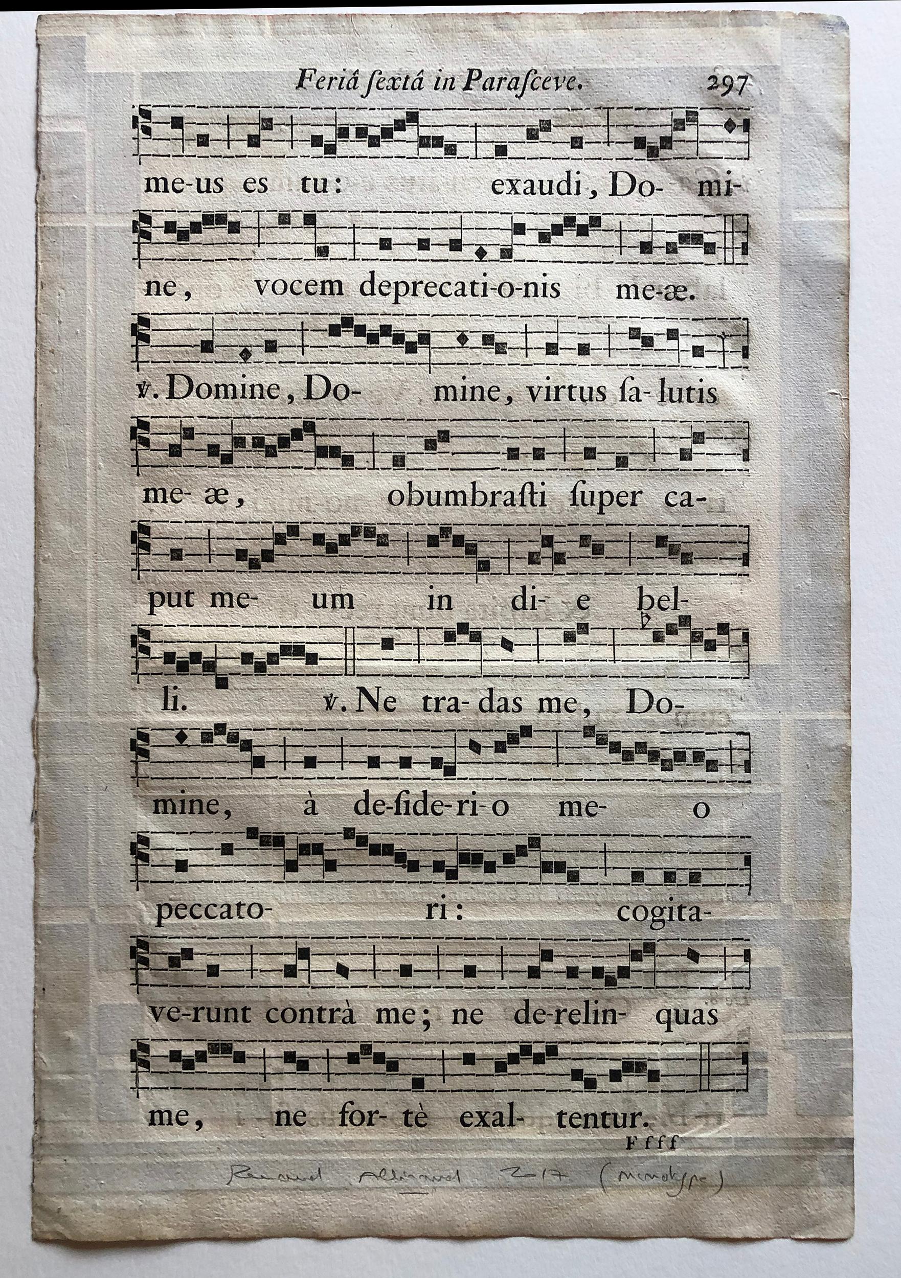 Monotype, on a page from an 18th century Antiphonaire (The antiphonary is a Catholic liturgical book gathering the Gregorian scores of the hours canoniales). This unique piece on antique paper was completed during Allirand's time as Resident Artist