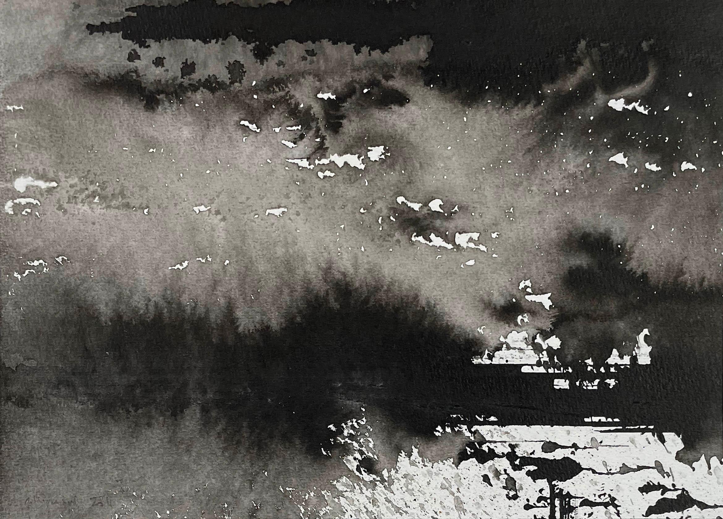Abstracted landscape and sky done with India ink and gouache.
Unique India Ink drawing, signed on reverse.

RENAUD ALLIRAND was born in 1970, and currently lives and works in Paris. He has exhibited regularly since 1995 and has won numerous prizes