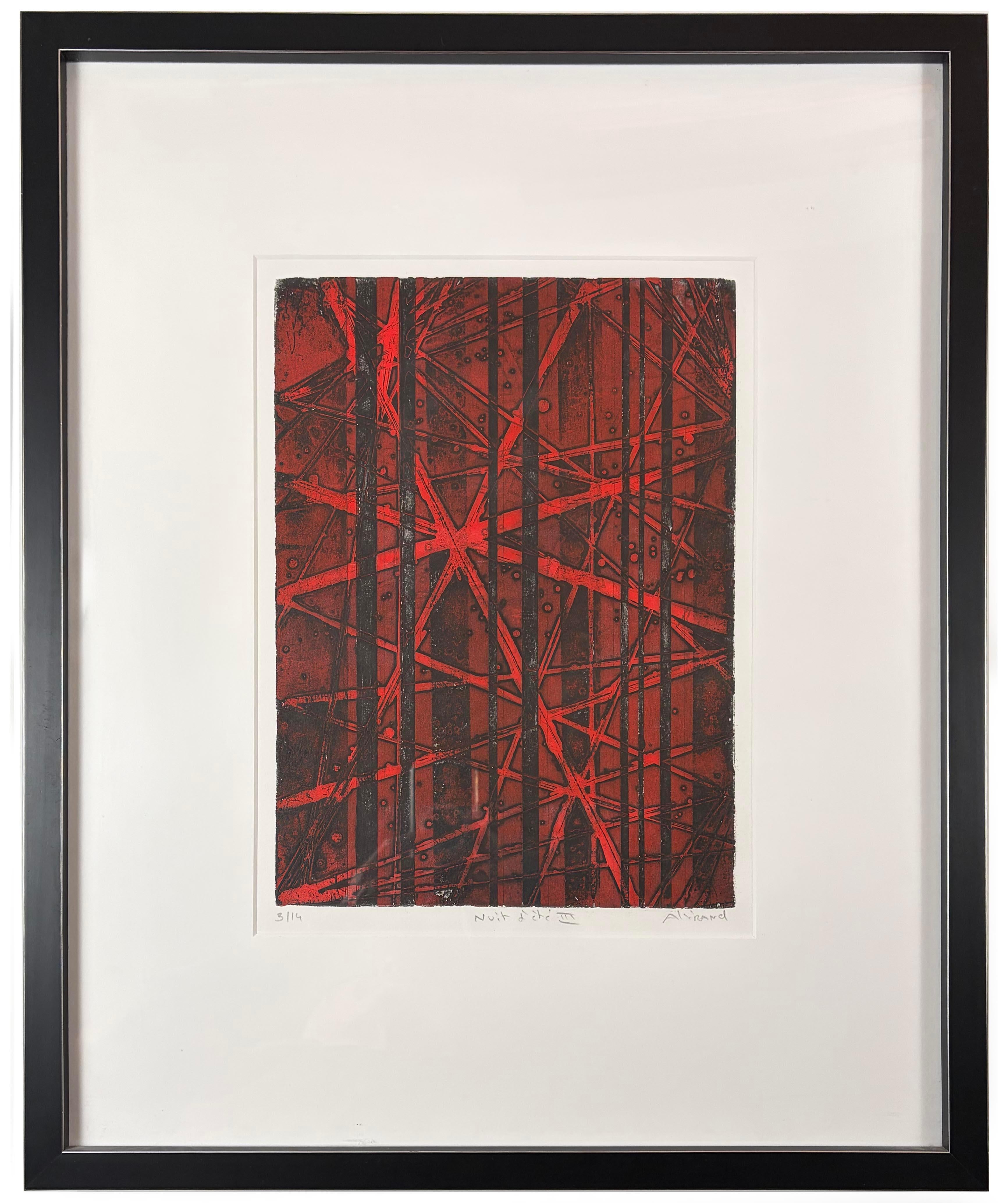 Renaud Allirand’s Nuit d’été III is a striking example of the artist’s celebrated “haubans” works—prints inspired by the tensioned support cables (haubans) used on ship masts and architectural structures. In this composition, deeply incised etched