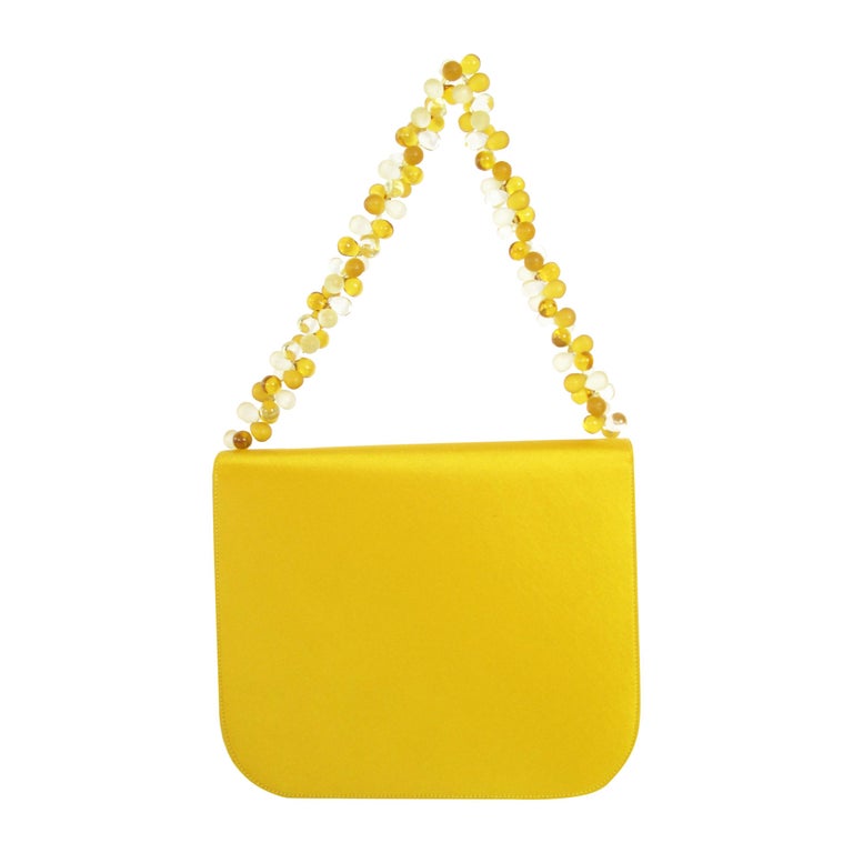 Renaud Pellegrino Yellow Satin Flap Bag with Beaded Handle For Sale