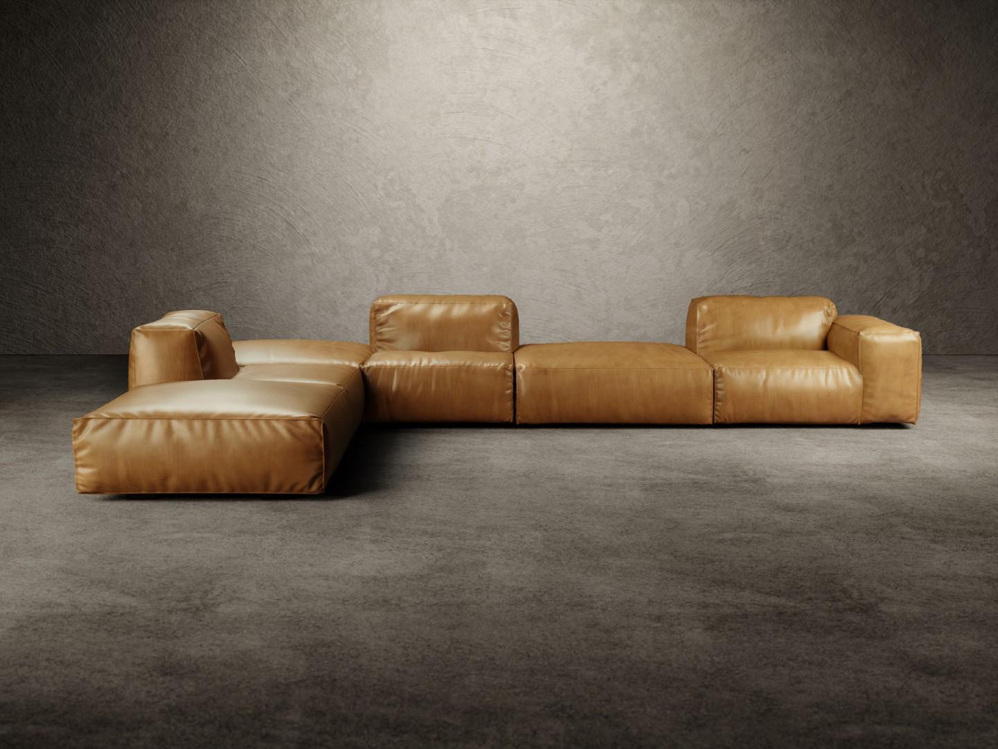 Rencontre Moi modular sofa is composed of a wooden shell padded with different densities polyurethane foam with a top layer in memory foam. The sofa is completely covered in fabric or leather. 
Rencontre Moi can be configurated by choosing from five