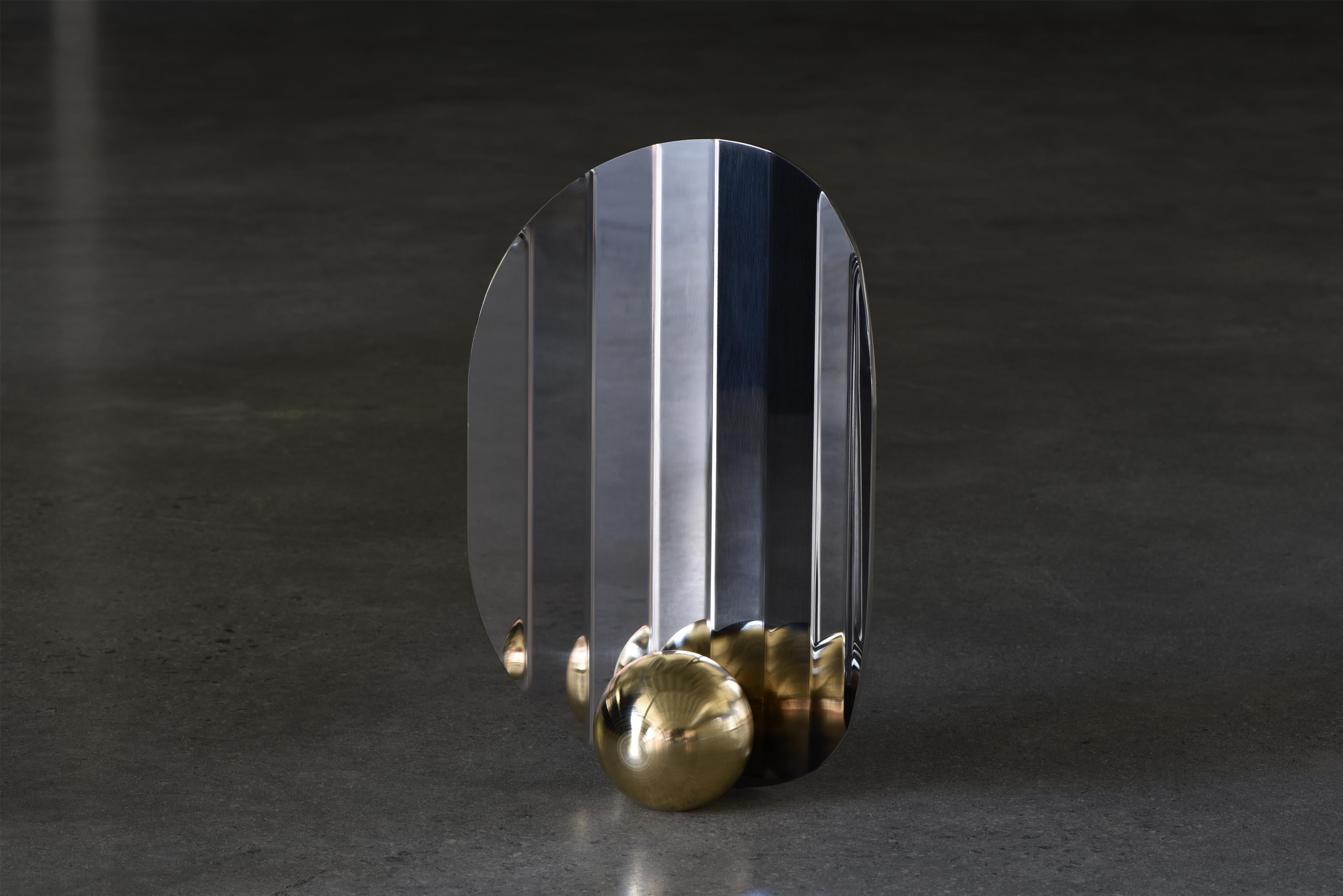 Render by Callum Campbell
Objects for self-collection
Signed and numbered
Dimensions: W 24 x D 8.8 H 36 cm
Materials: Brass, stainless steel
Finish: Polished
Physical appearance can be a huge driver of emotional resilience or defeat. Render