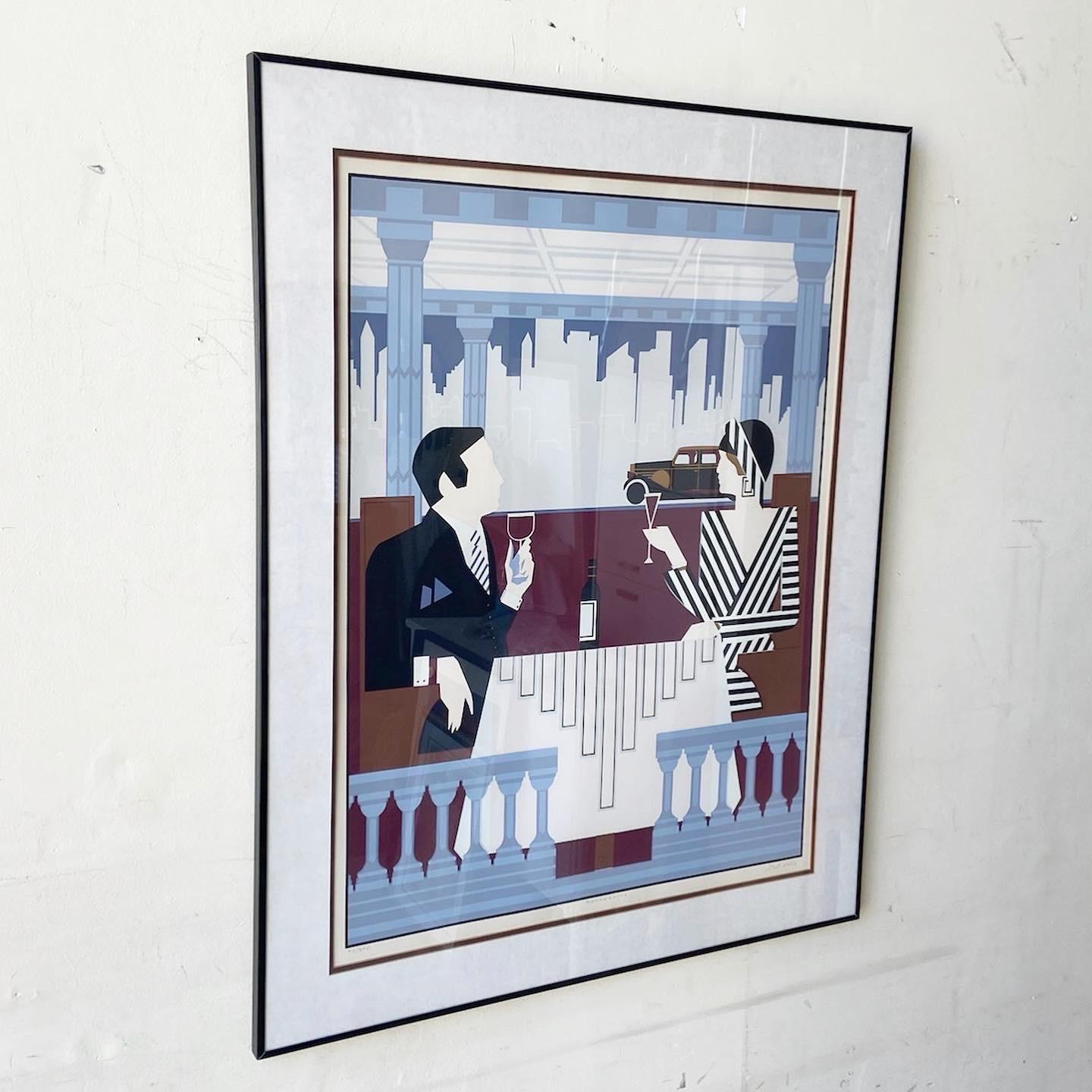 Amazing framed and signed serigraph titled “Rendezvous” by Del Valle. Exceptional Art Deco depiction of a dining couple.

Additional information:
Material: Glass, Paper
Color: Blue
Style: Art Deco
Artist: Del Valle
Time Period: 1980s
Place