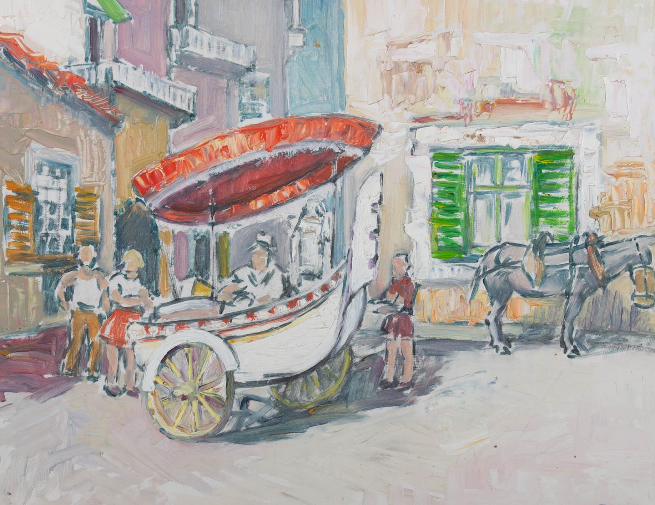 A charming pastel coloured Impressionist street scene showing a street vendor, whose cart is shaped like one end of a gondola. A donkey waits patiently at the side of the street while customers stand in line at the cart. The artist has signed