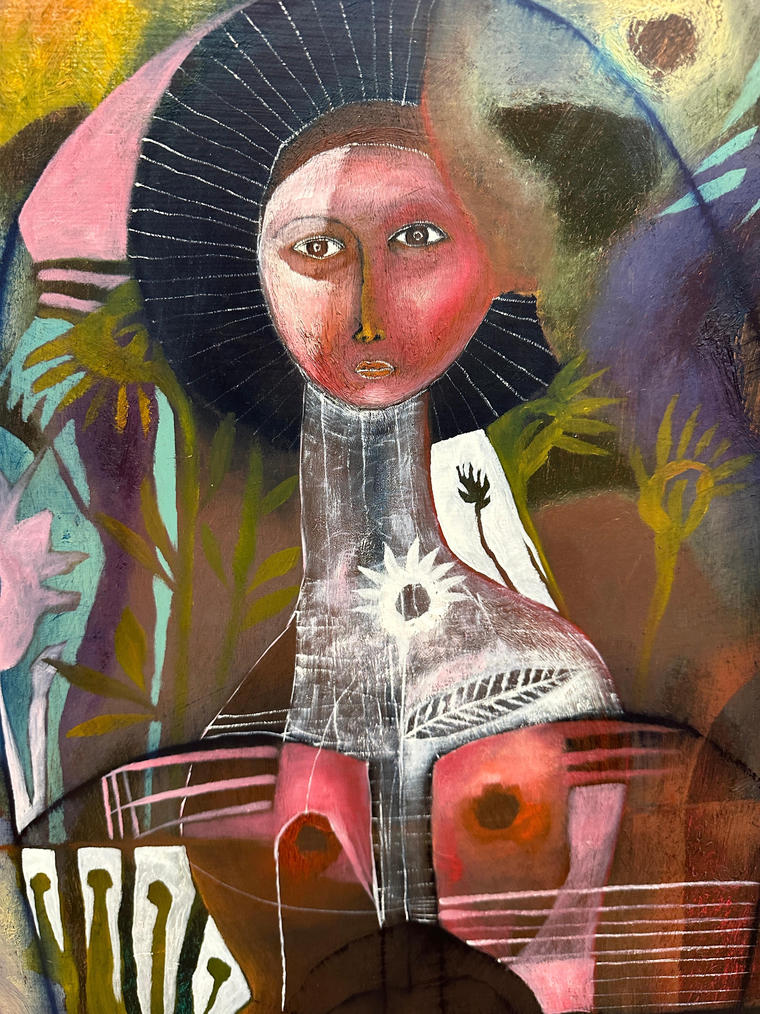 Maravillosa pintura abstracta de una mujer, obra del célebre artista mexicano-americano René Alvarado. Está firmado y fechado el 01. Bien enmarcado. Una imagen impactante.  El cuadro está en buen estado. El marco se adapta bien al cuadro y está en