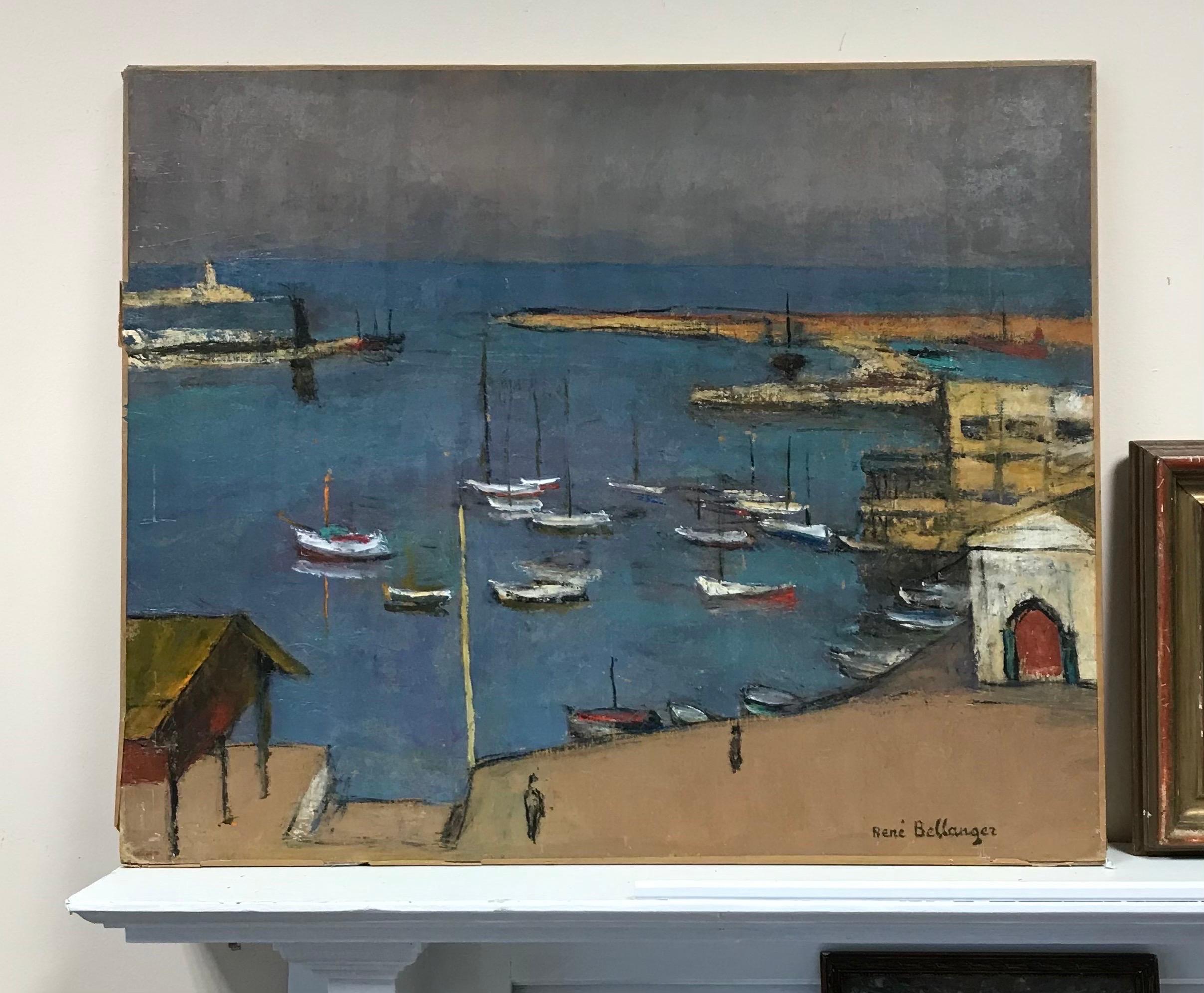 Large 1960's French Modernist Oil Boats in Blue Harbour, Salon des Independants - Painting by Rene Bellanger