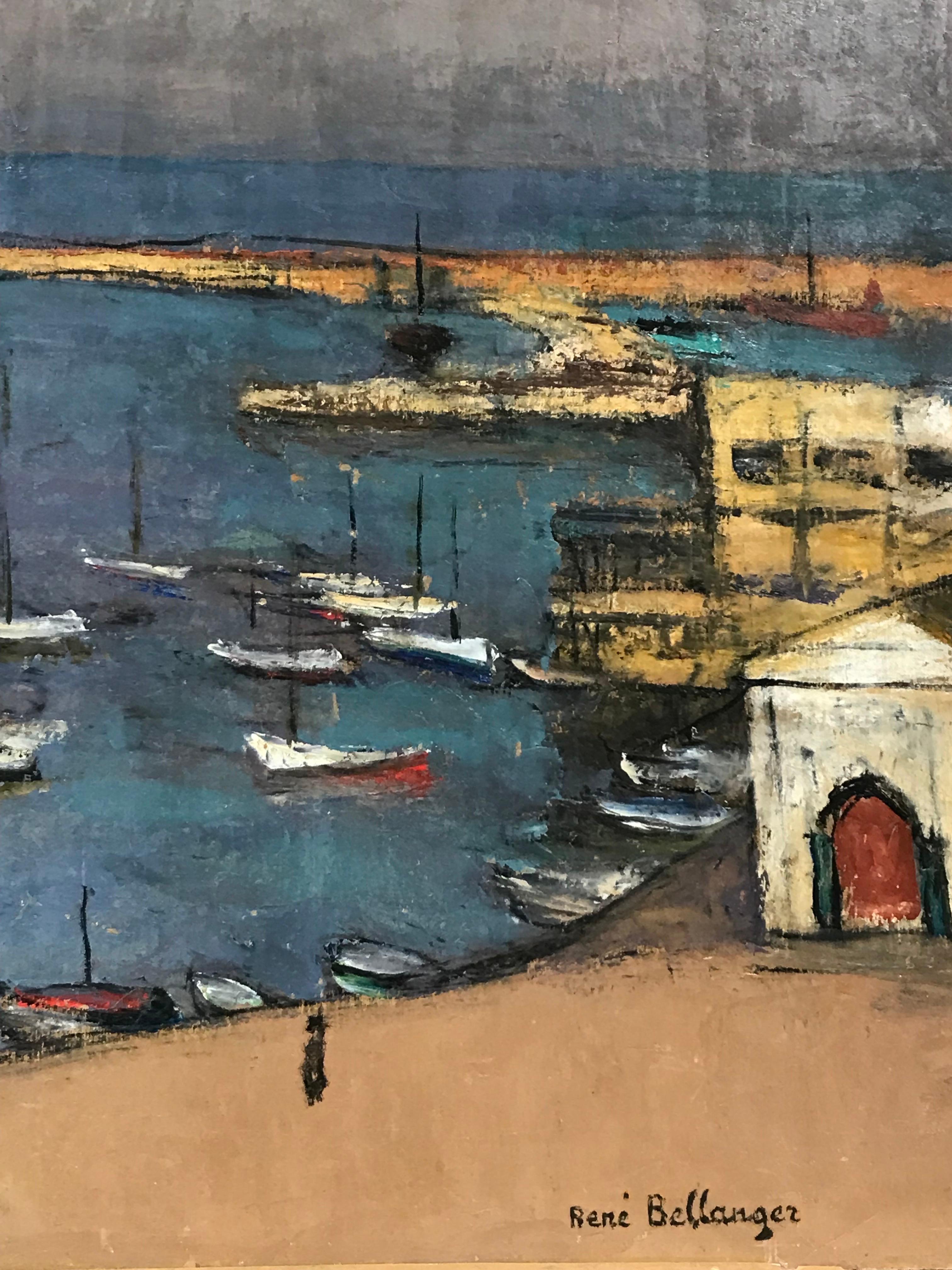Large 1960's French Modernist Oil Boats in Blue Harbour, Salon des Independants - Gray Figurative Painting by Rene Bellanger