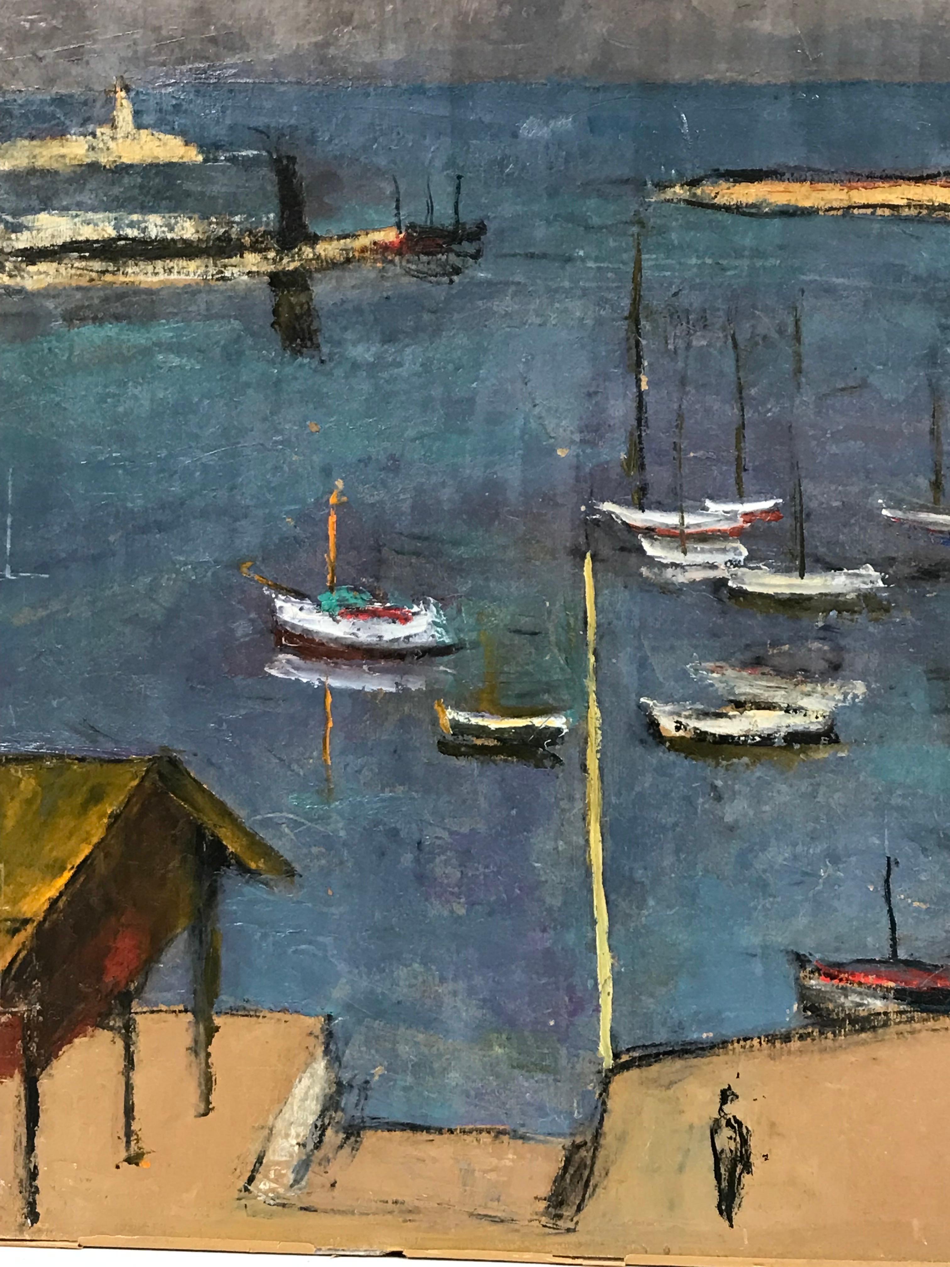 Grands bateaux à huile modernistes français des années 1960 dans le port bleu, Salon des Indépendants - Moderne Painting par Rene Bellanger