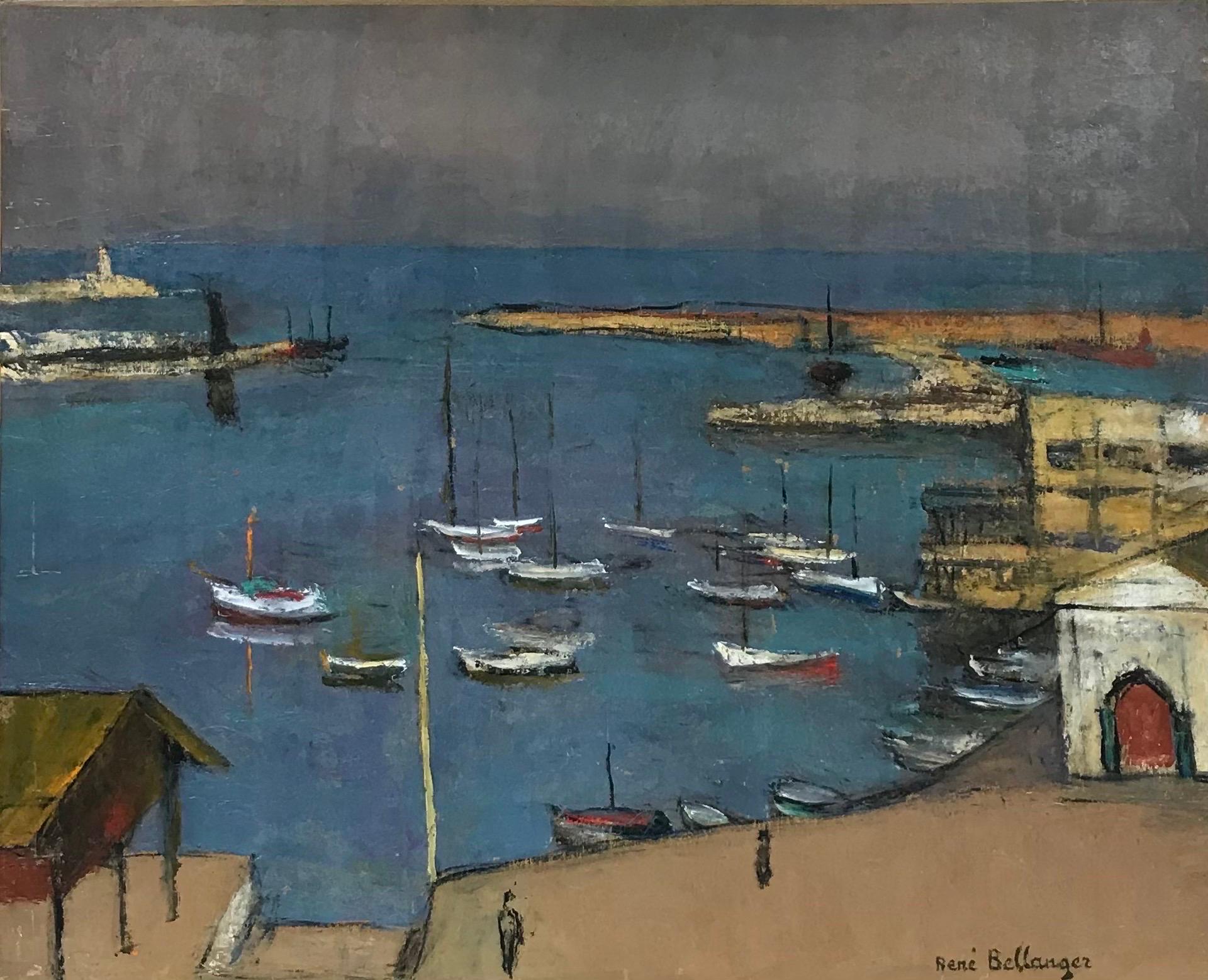 Figurative Painting Rene Bellanger - Grands bateaux à huile modernistes français des années 1960 dans le port bleu, Salon des Indépendants
