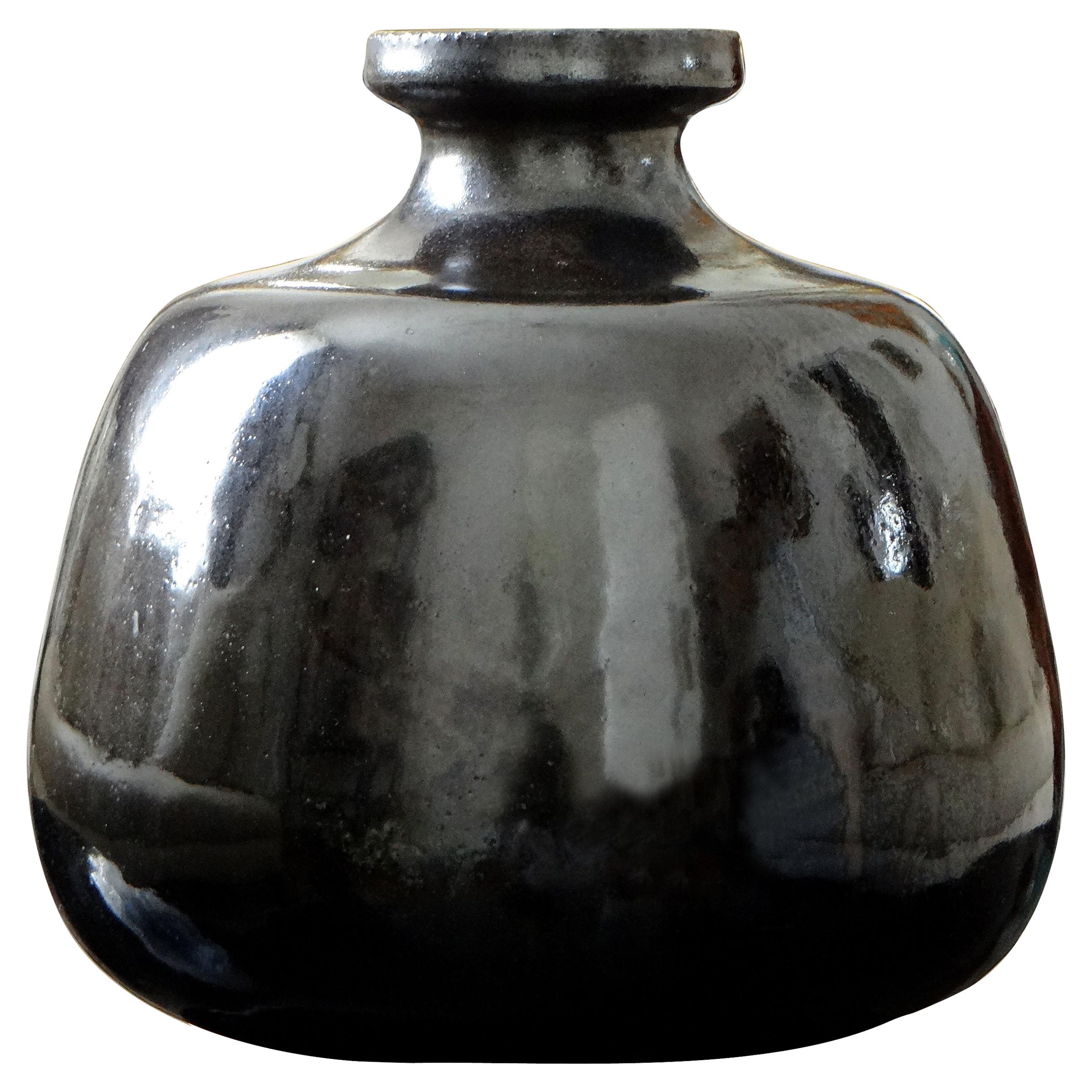 René BEN LISA (1926/1995), Enamelled Stoneware Vase Brown, Red, Blue Tones, 1980 For Sale