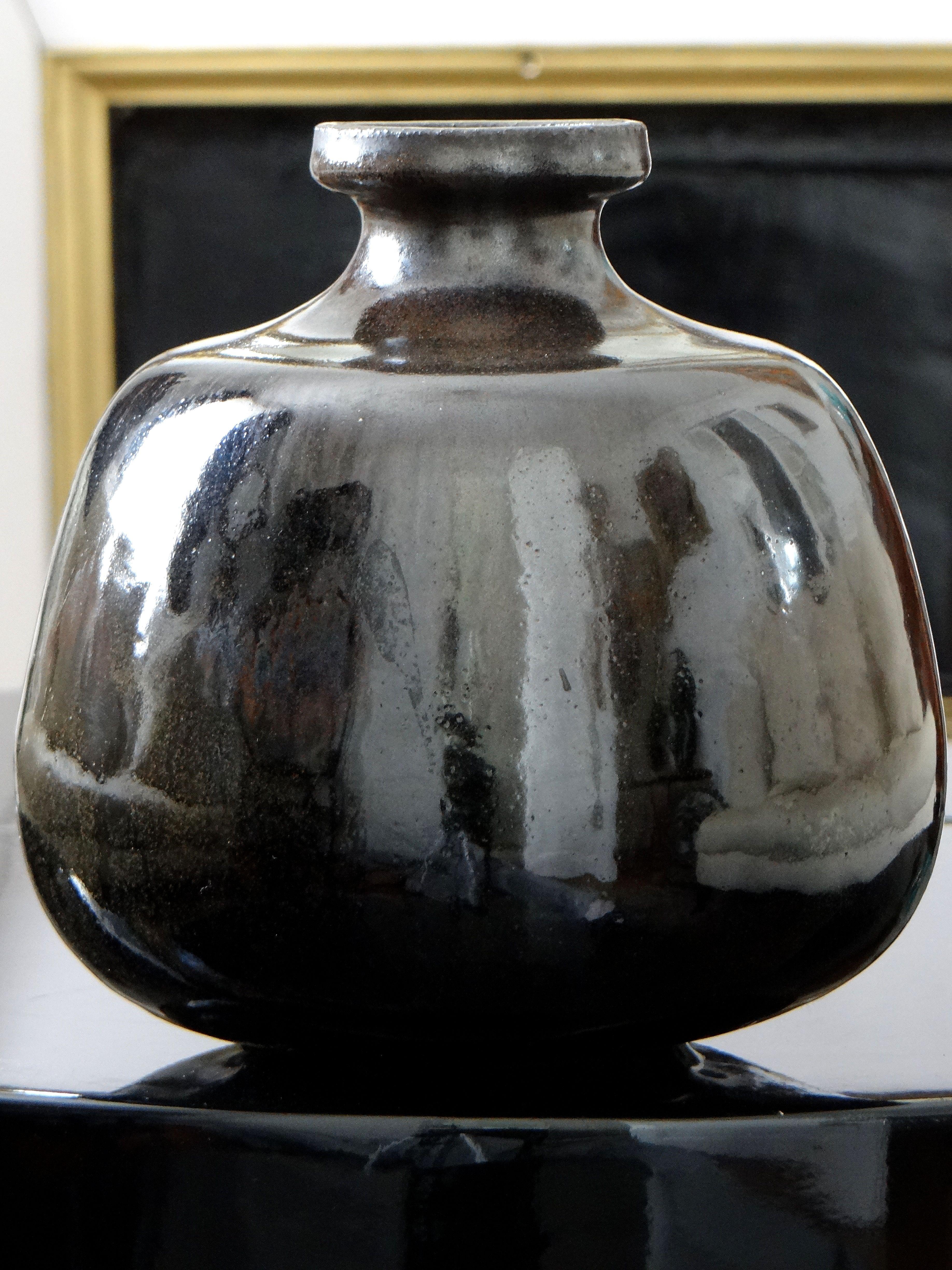 French René BEN LISA (1926/1995), Enamelled Stoneware Vase Brown, Red, Blue Tones, 1980 For Sale