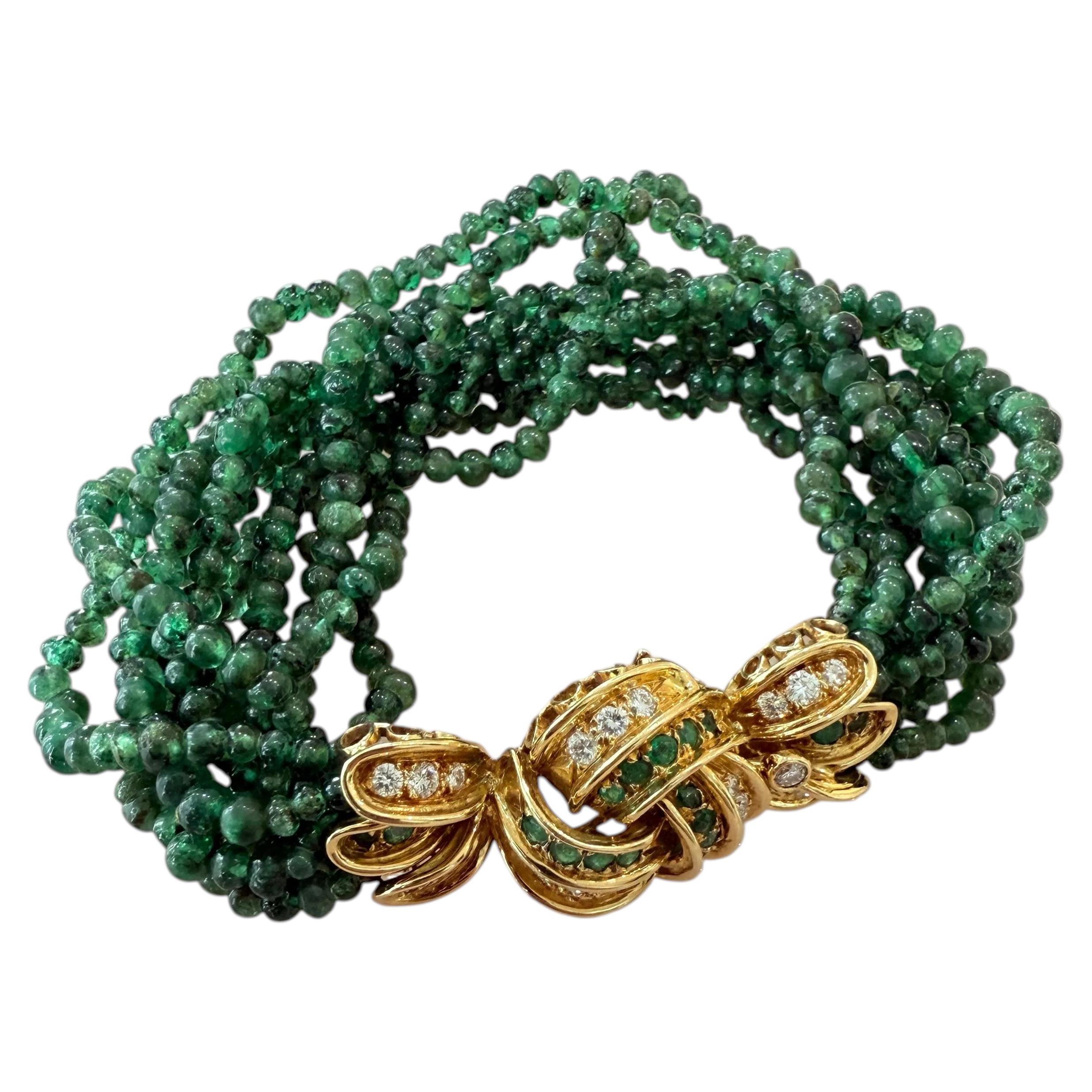 Bracciale René Boivin in oro giallo 18 carati con perline di smeraldo e diamanti, anni '70