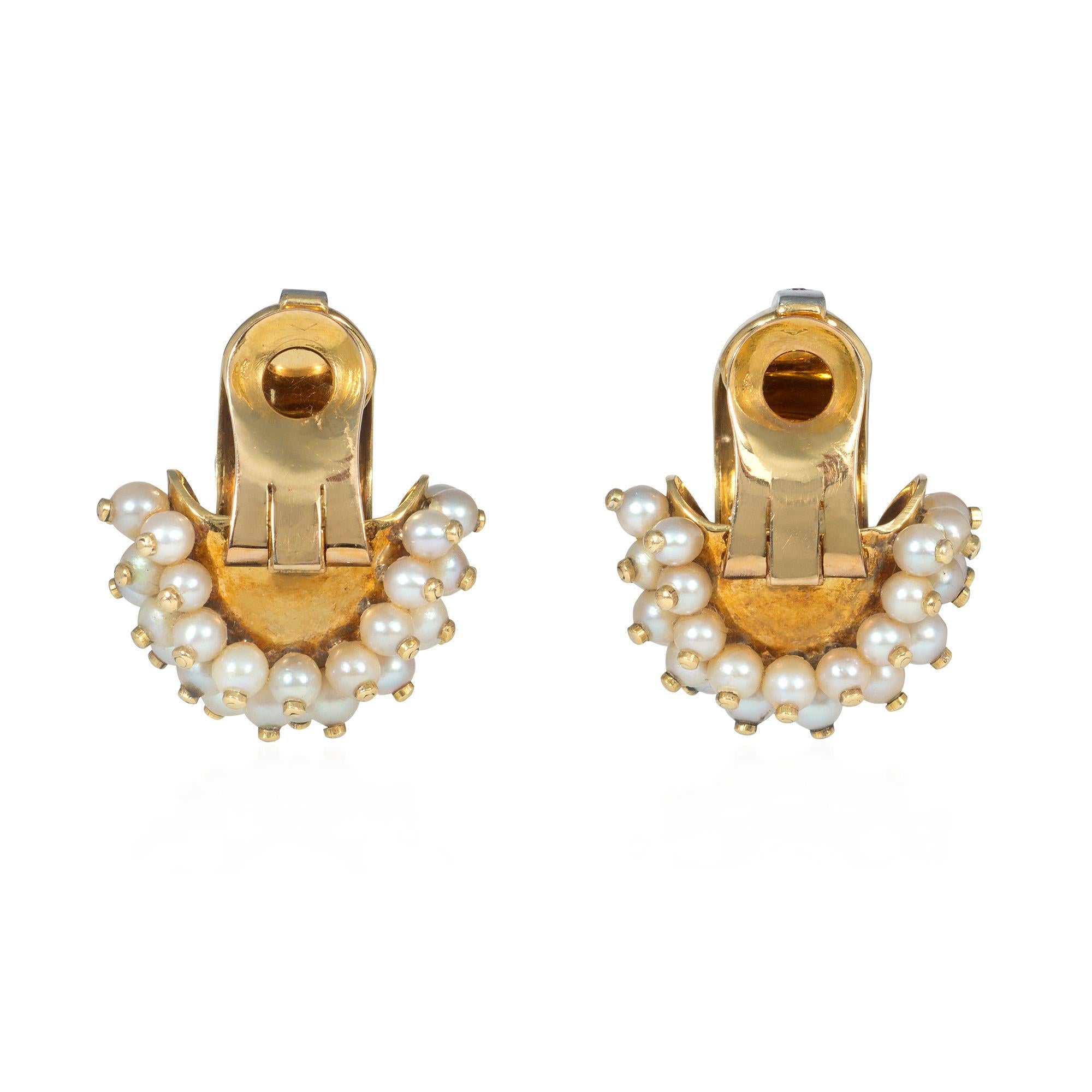 Art Deco René Boivin 1930s Gold, Pearl, and Diamond Half-Hoop Doorknocker Style Earrings For Sale