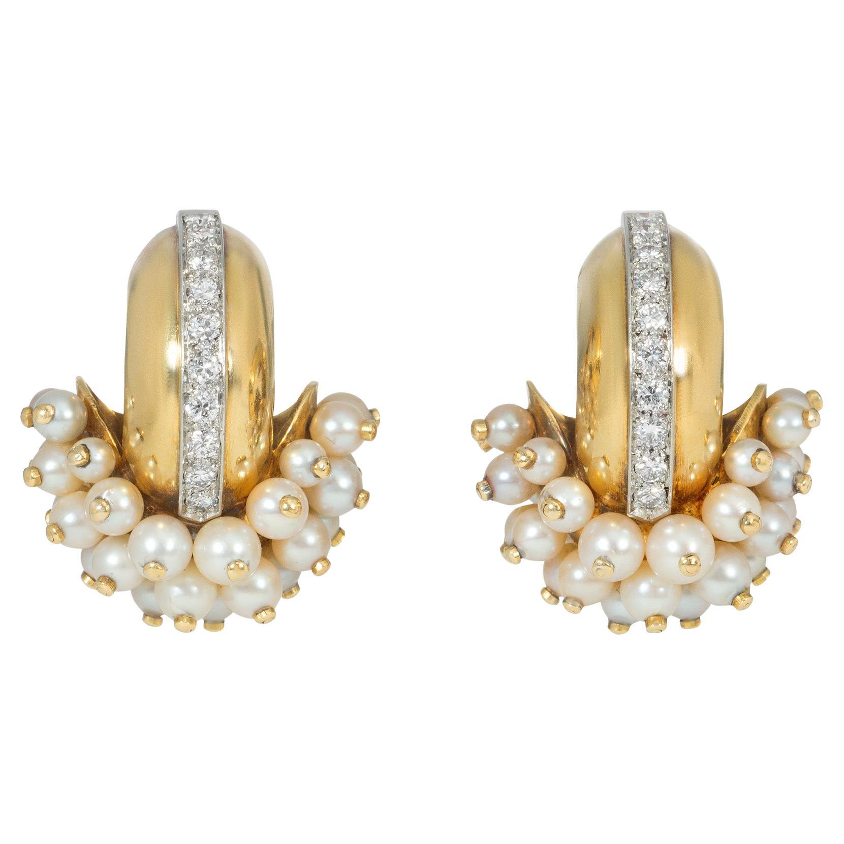 René Boivin 1930s Gold, Pearl, and Diamond Half-Hoop Doorknocker Style Earrings For Sale