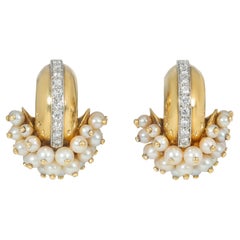 René Boivin 1930s Gold, Pearl, and Diamond Half-Hoop Doorknocker Style Earrings