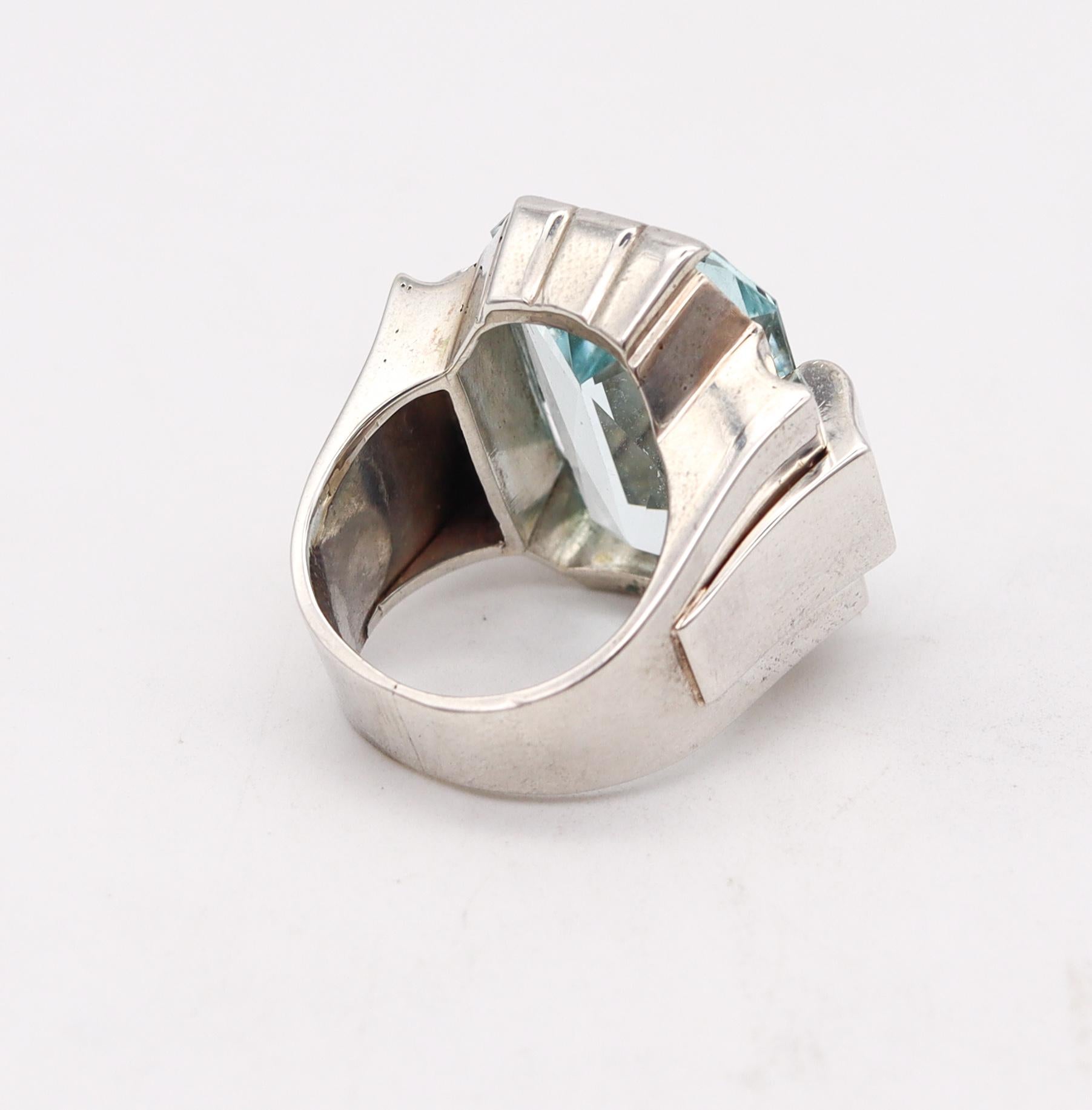 Emerald Cut Rene Boivin 1935 Art Deco Geometric Ring in Sterling Silver 27.66 Cts Aquamarine